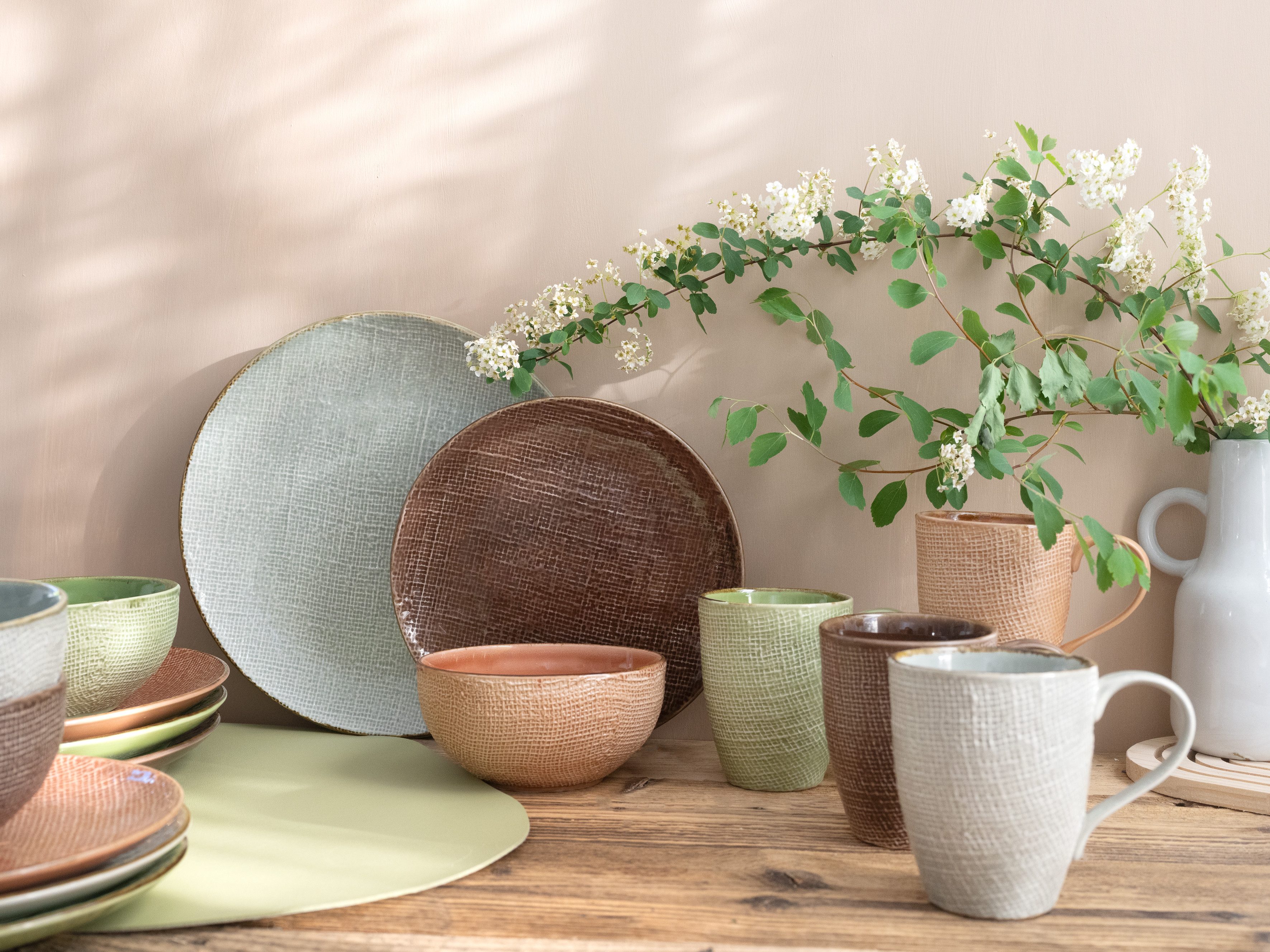 CreaTable Kombiservice Geschirr-Set Canvas (16-tlg), 4 Personen, Steinzeug, Service, Leinenstruktur, mediterrane Farben, 16 Teile, für 4 Personen