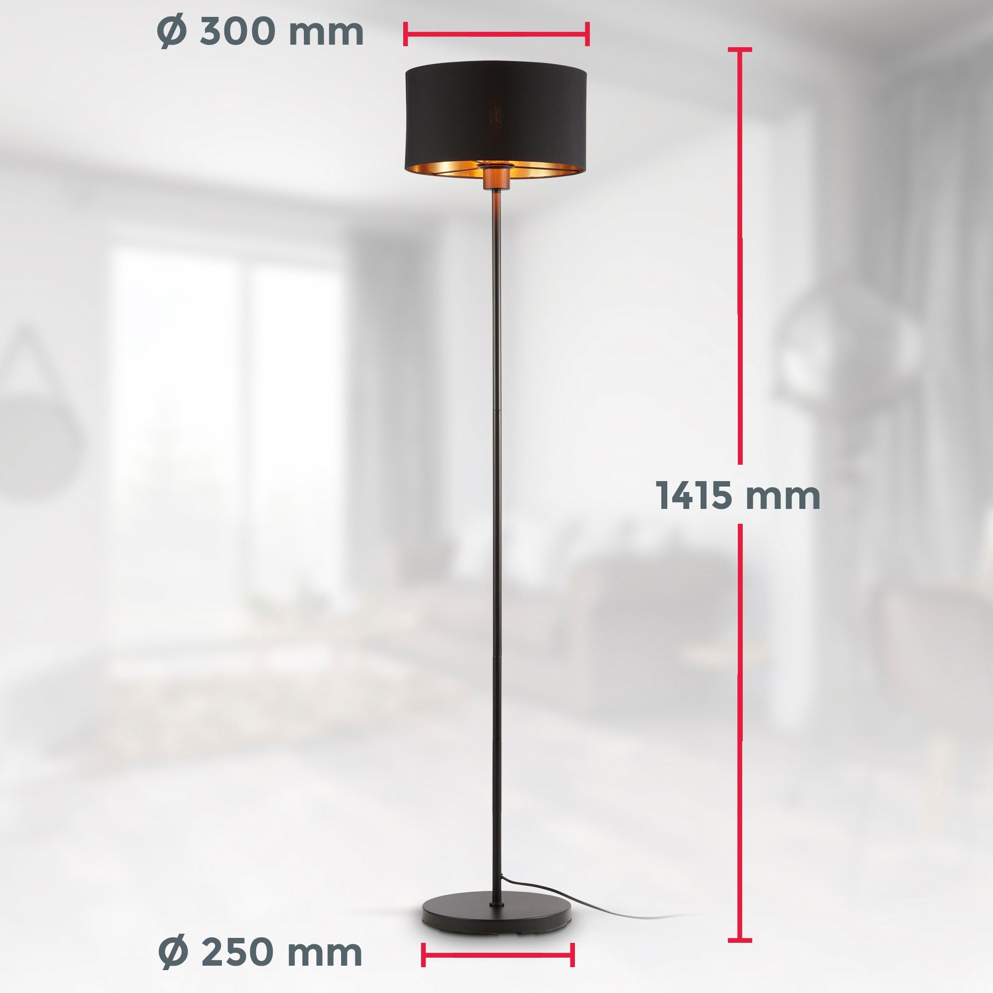 ohne (max. ohne Leuchtmittel B.K.Licht BK_ST1417 Stehleuchte, E27-Fassung, Industrial, Leuchtmittel, Ø30cm, Stoffschirm Kabel, Stehlampe 40W) Metall, Schwarz-Gold, 140cm