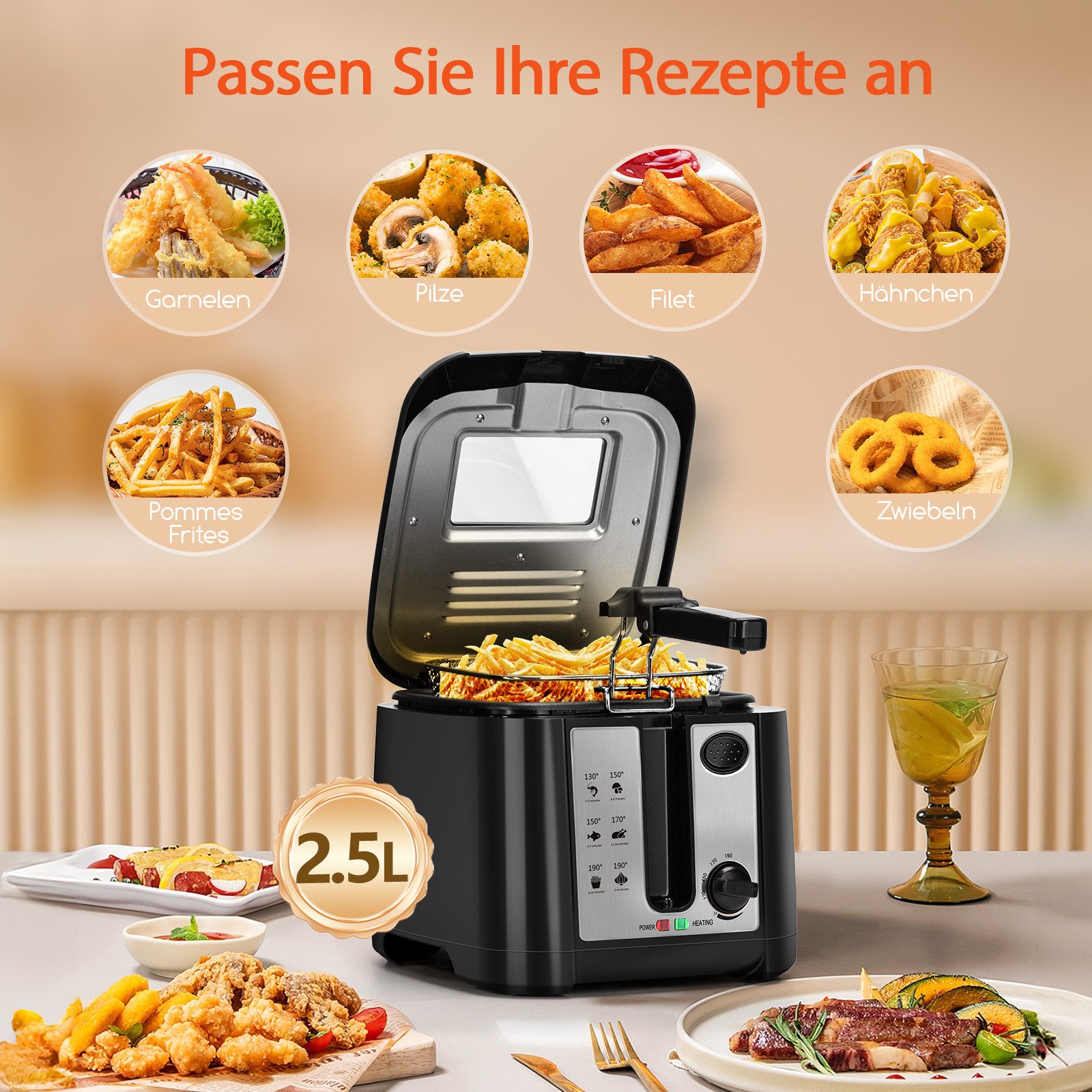 Aigostar Fritteuse 2,5 L mit Sichtfenster, BPA-frei, Temperaturregelung (130-190 °C), 1650 W, Hochleistungsfritteuse, schnelles Frittieren, Temperaturregulierung