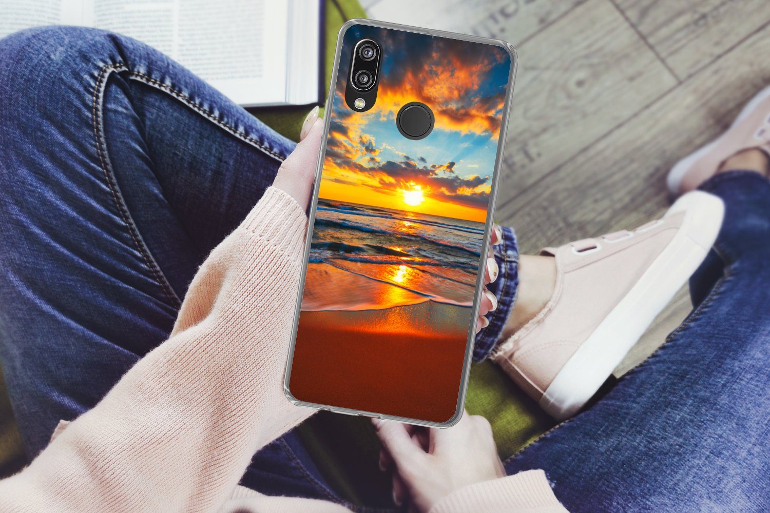 MuchoWow Handyhülle für Huawei P20 Lite (2020) Meer - Sonnenuntergang - Strand - Wolken -, Handy Case, Silikon, Bumper Case Dünn