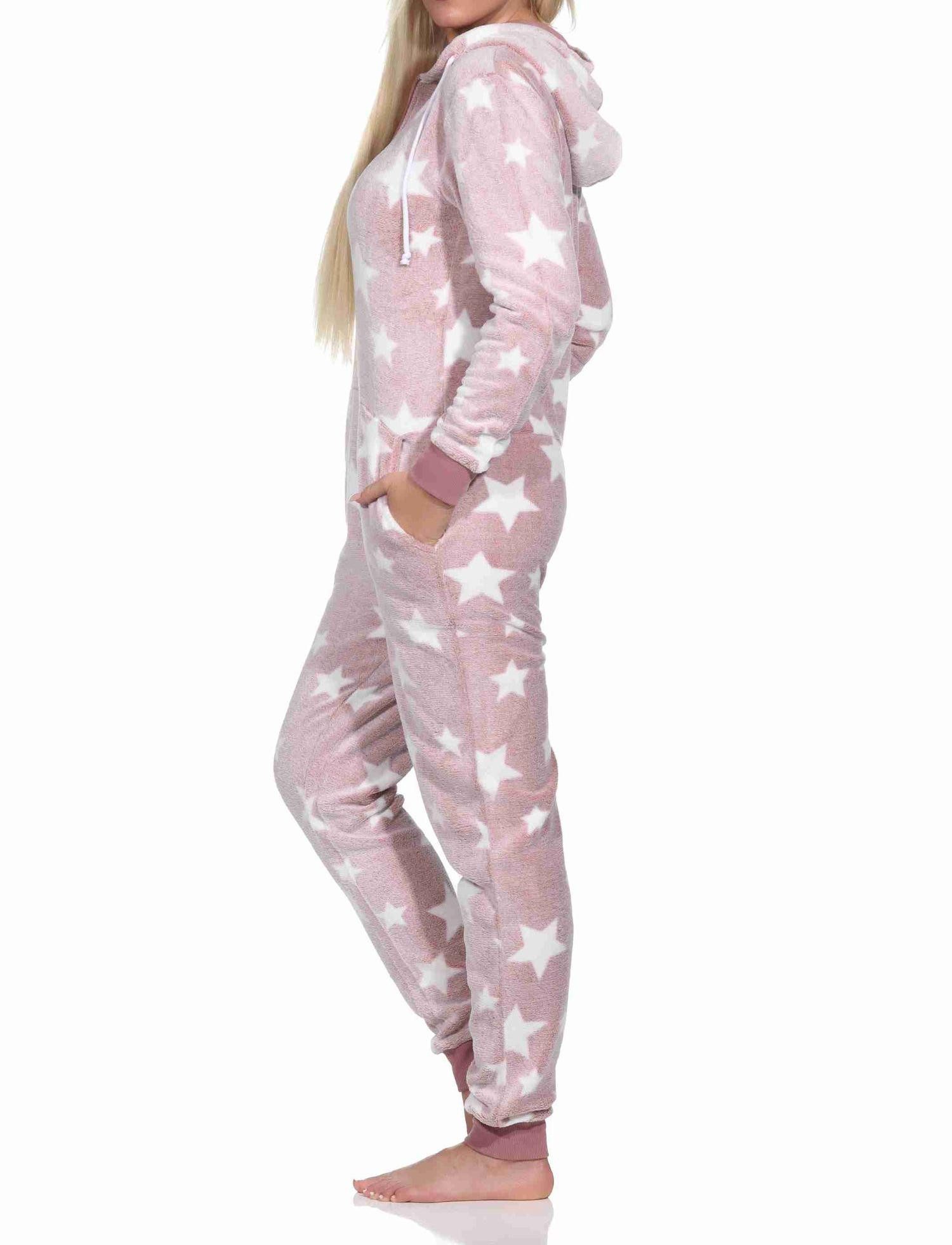 Normann Pyjama Damen Schlafanzug Jumpsuit Overall in Sterneoptik aus Coralfleece