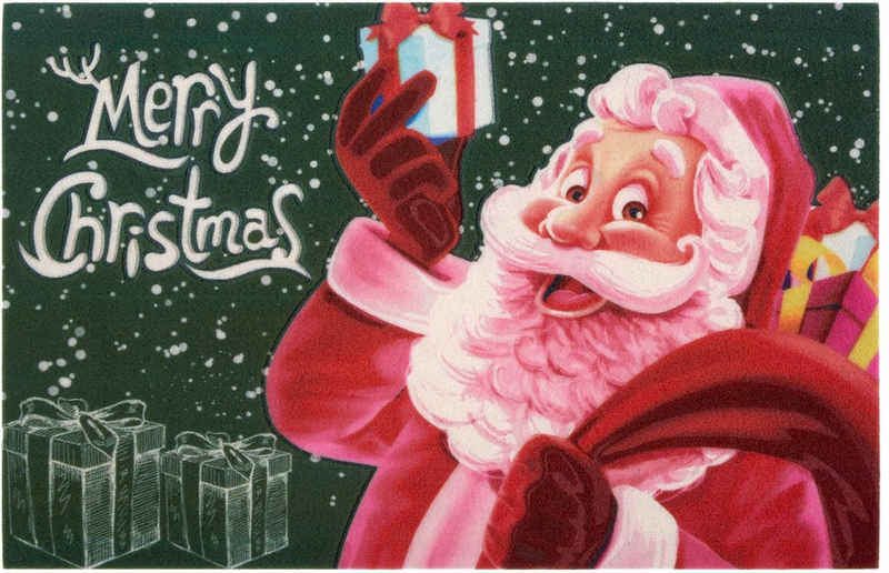 Fußmatte »Merry Christmas«, Home affaire, rechteckig, Höhe 6 mm, In und Outdoor geeignet, mit Spruch, Robust, Pflegeleicht, Rutschfest, Weihnachten, Weihnachtsmann, Santa Claus