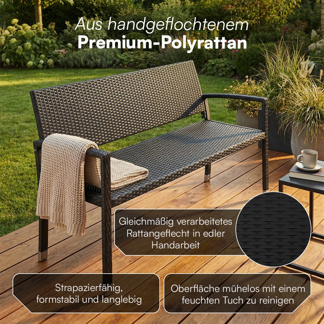STEELSØN Gartenbank Mirador handgeflochtene Polyrattan Bank (3-Sitzer, schwarz), wetterfest & UV-beständig, ergonomische Outdoor-Bank, 150 cm Breite
