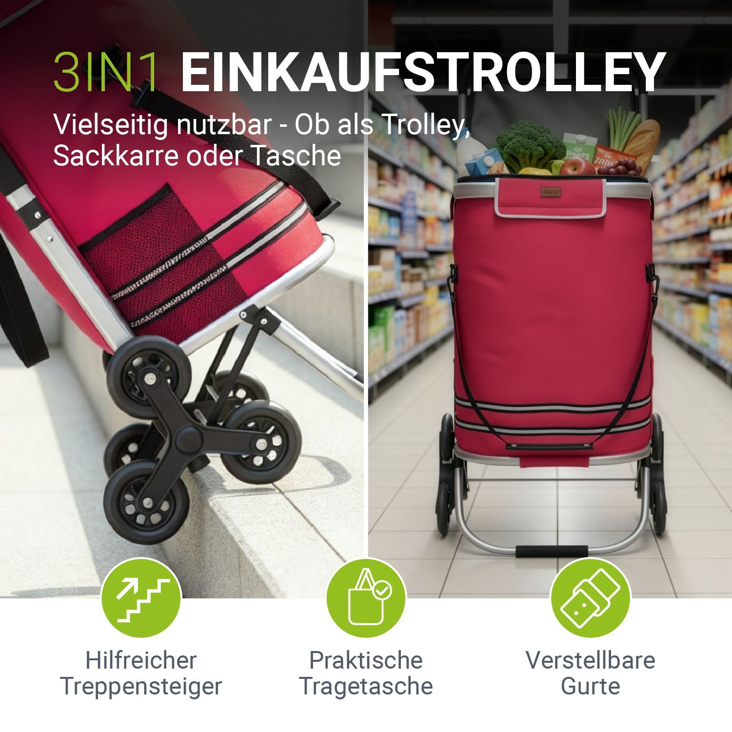 Juskys Einkaufstrolley 3in1, 56 l, mit 2 Rollen und Kühlfach, klappbar und modern, auch als Sackkarre