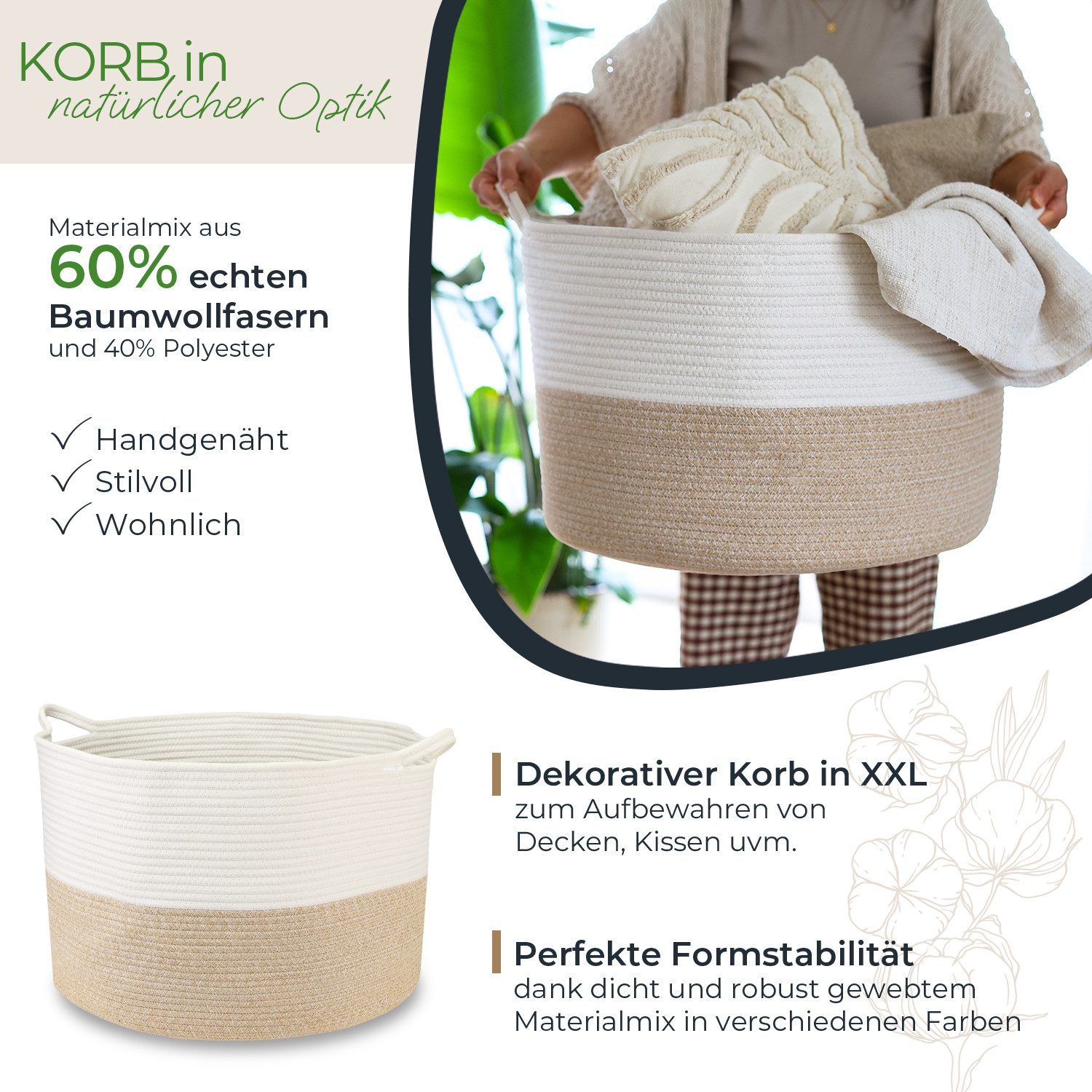 HMF Aufbewahrungskorb XXL Wäschekorb aus Baumwolle, runder Aufbewahrungskorb mit Griffen, 55 x 35 cm, Weiß-Braun – Bild 2 von 5