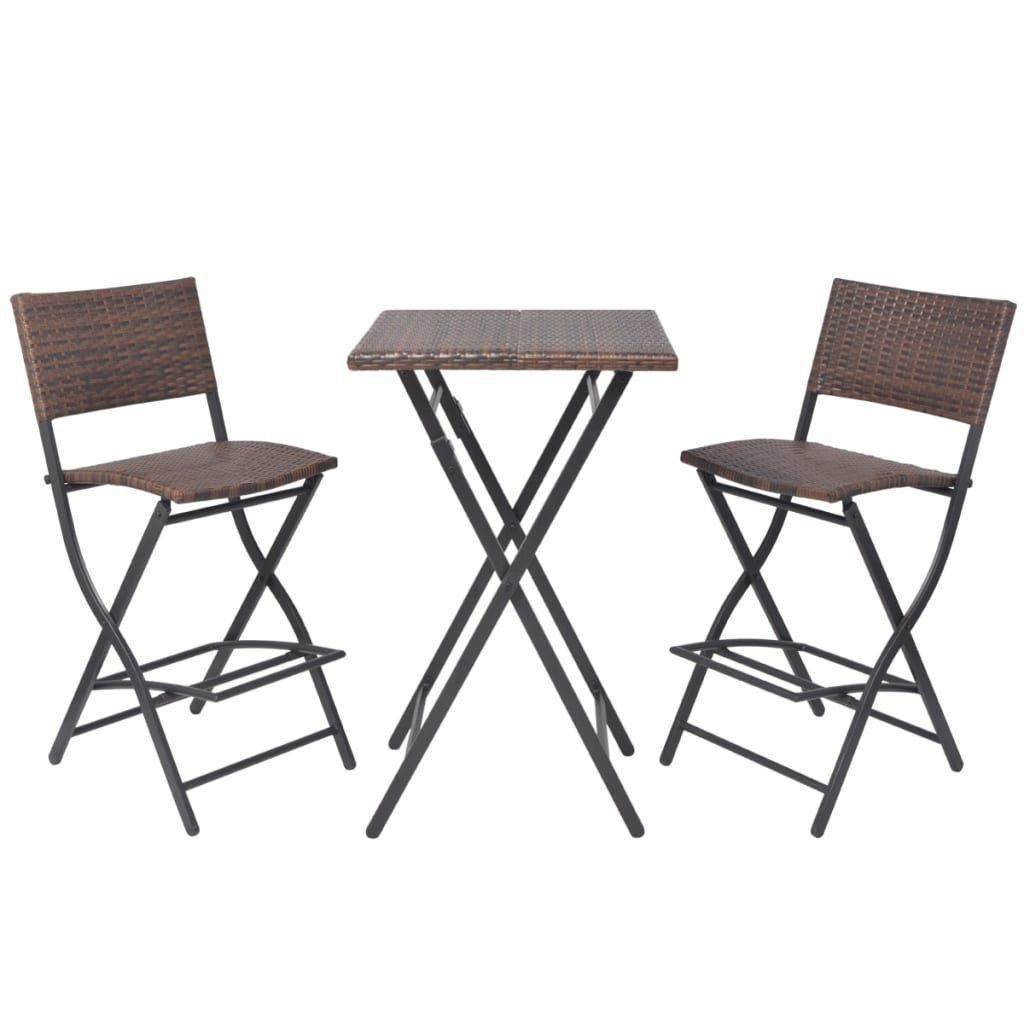 vidaXL (3-tlg) Klappbar Rattan Poly Bistro-Set Braun, Gartenlounge-Set 3-tlg. Stahl