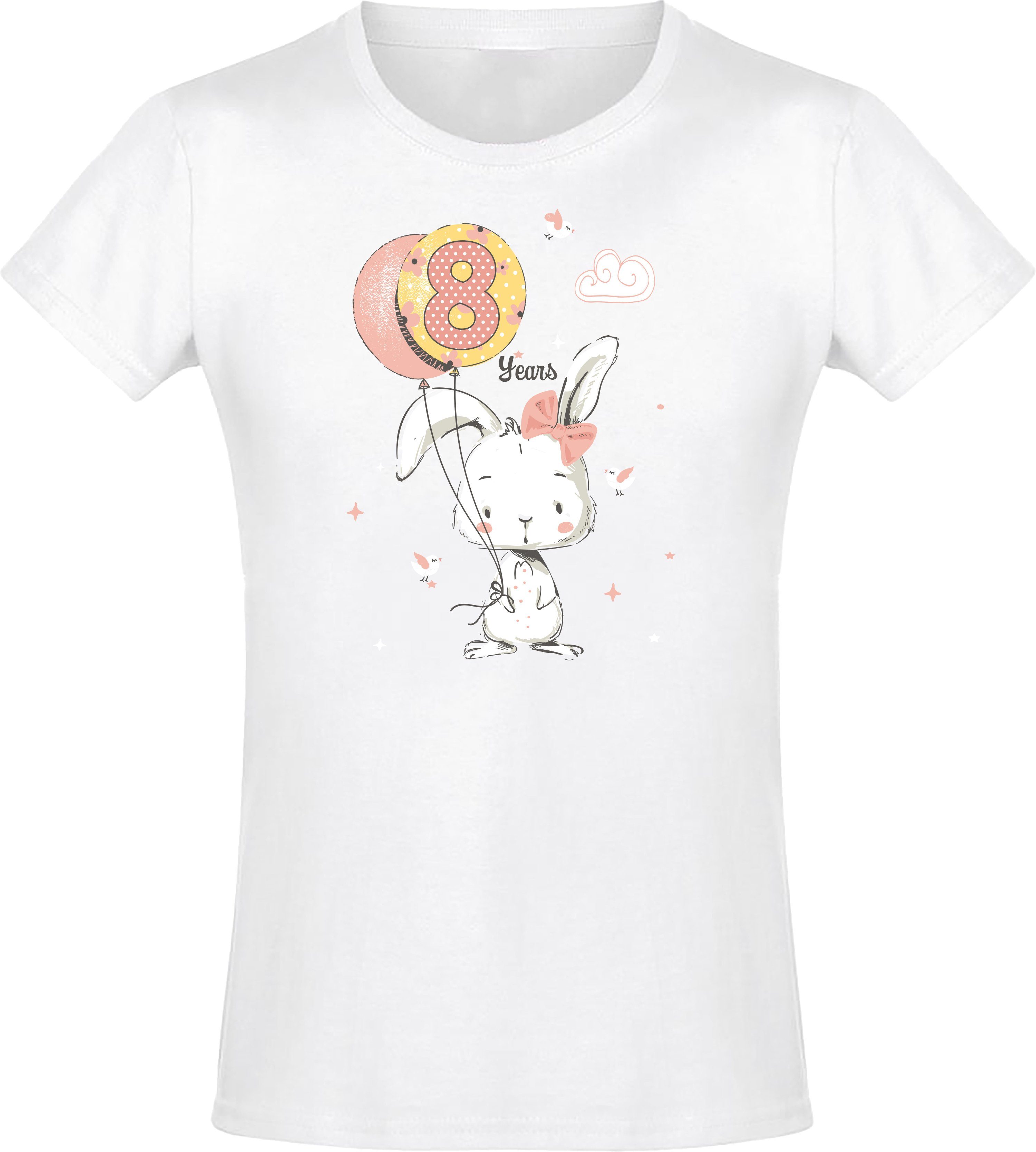 Baddery Print-Shirt Geburstagsgeschenk 8 hochwertiger Siebdruck, : Mädchen für Jahre Baumwolle mit Hase aus Weiß