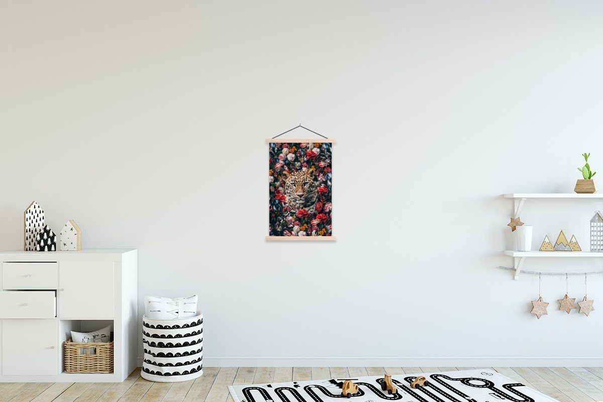MuchoWow Poster Leopard - Blumen - Mantel, (1 St), Posterleiste, Textilposter für Wohnzimmer, Bilderleiste, Magnetisch