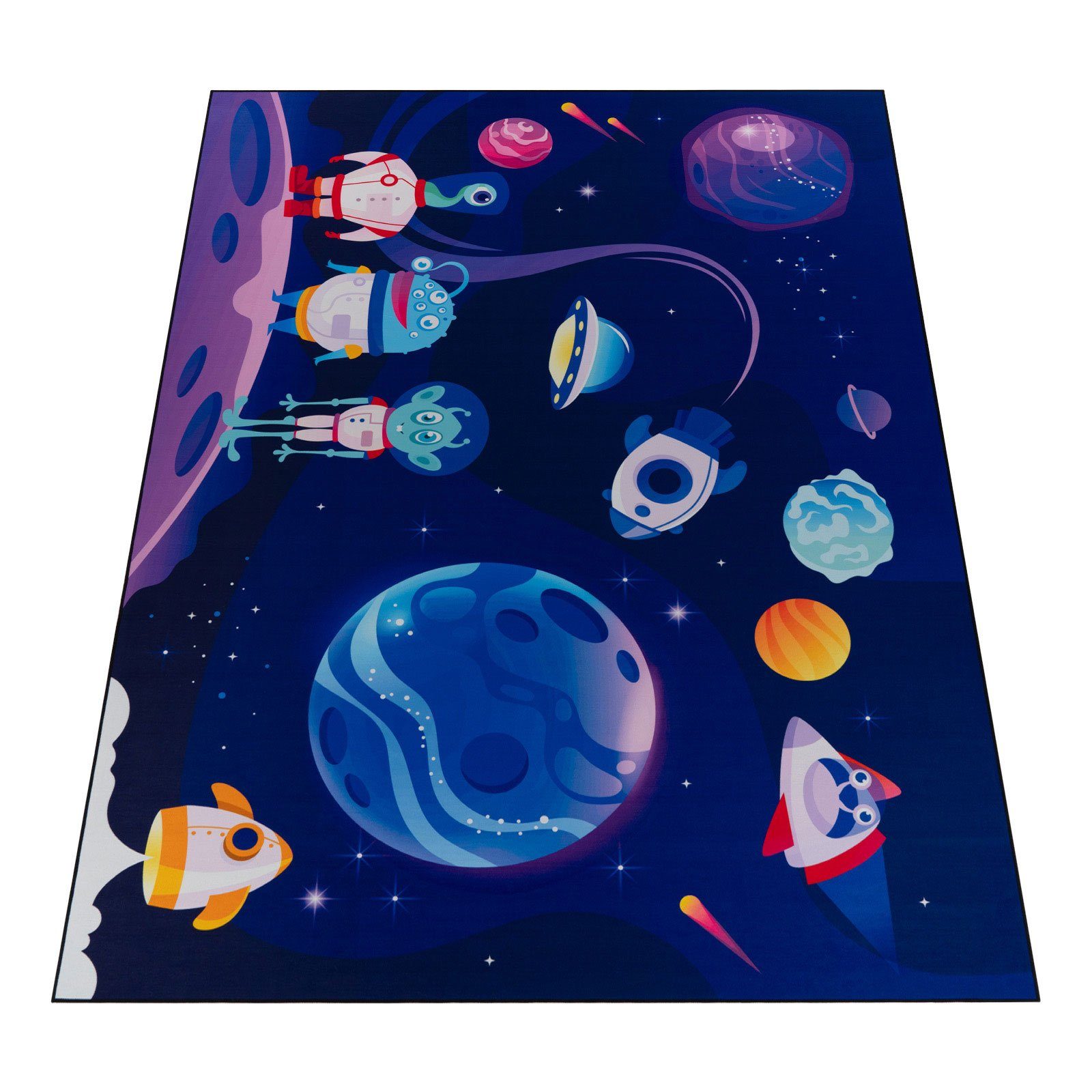 TaraCarpet Kinderteppich Tara Kids Fresh Alien Adventure, rechteckig, Höhe: 5 mm, Kinderzimmer Jugendzimmer Aliens Weltraum Raketen Planeten 080X150 cm