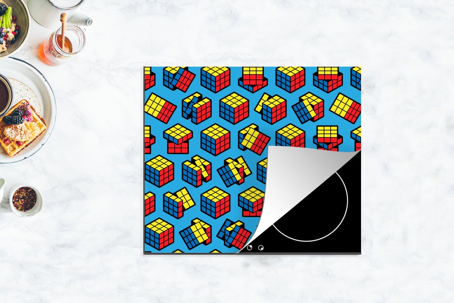 Jungen Mobile - (1 60x52 - cm, Arbeitsfläche MuchoWow Vinyl, nutzbar, Kidsn, tlg), - - Kinder - Muster Ceranfeldabdeckung Herdblende-/Abdeckplatte CubePatrone Rubiks cube