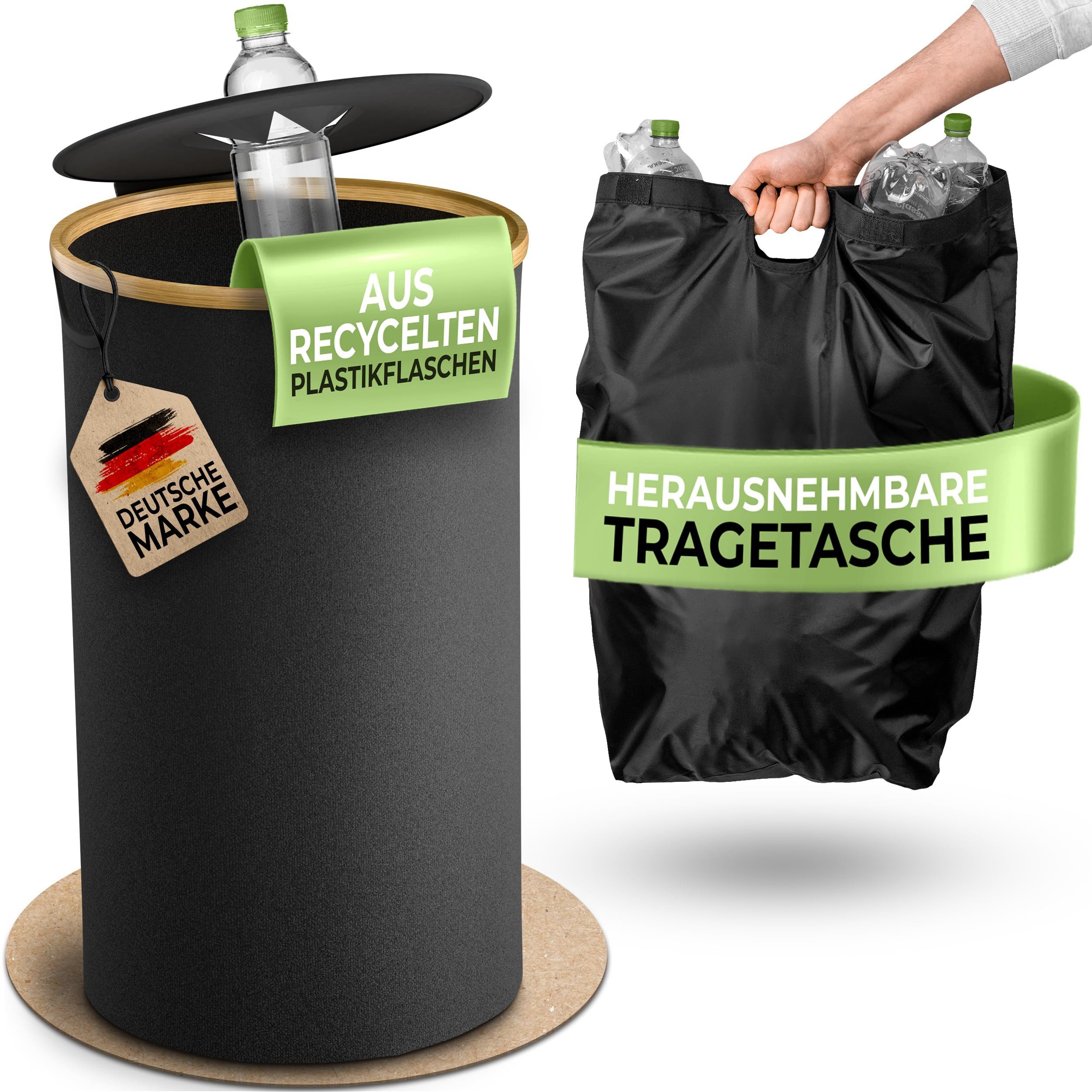 Glückstoff Mülleimer Pfandflaschen Sammelbehälter [INKL. TRAGETASCHE] - Flaschensammler