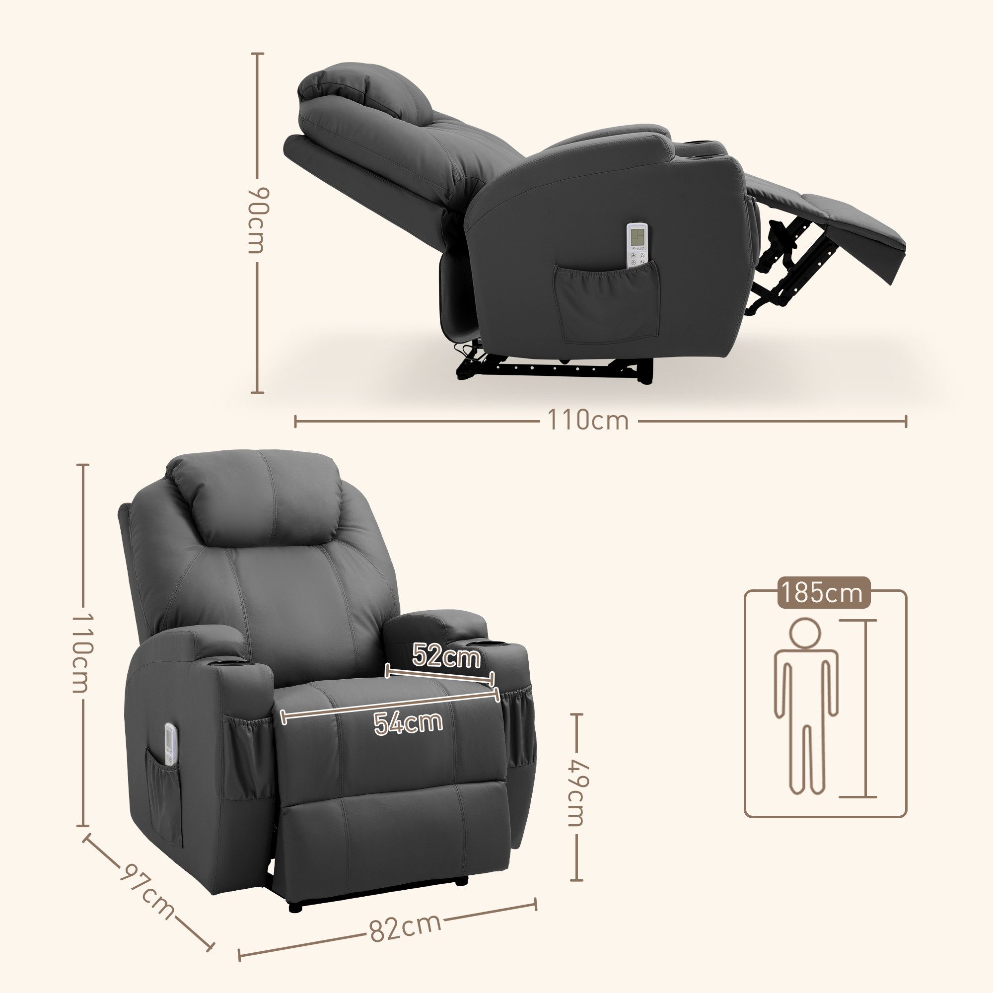 HOMCOM Massagesessel Elektrisch TV Sessel mit Liegefunktion Aufstehhilfe bis 160kg (Fernsehsessel, 1-St., Relaxsessel), für Wohnzimmer, Büro, Dunkelgrau