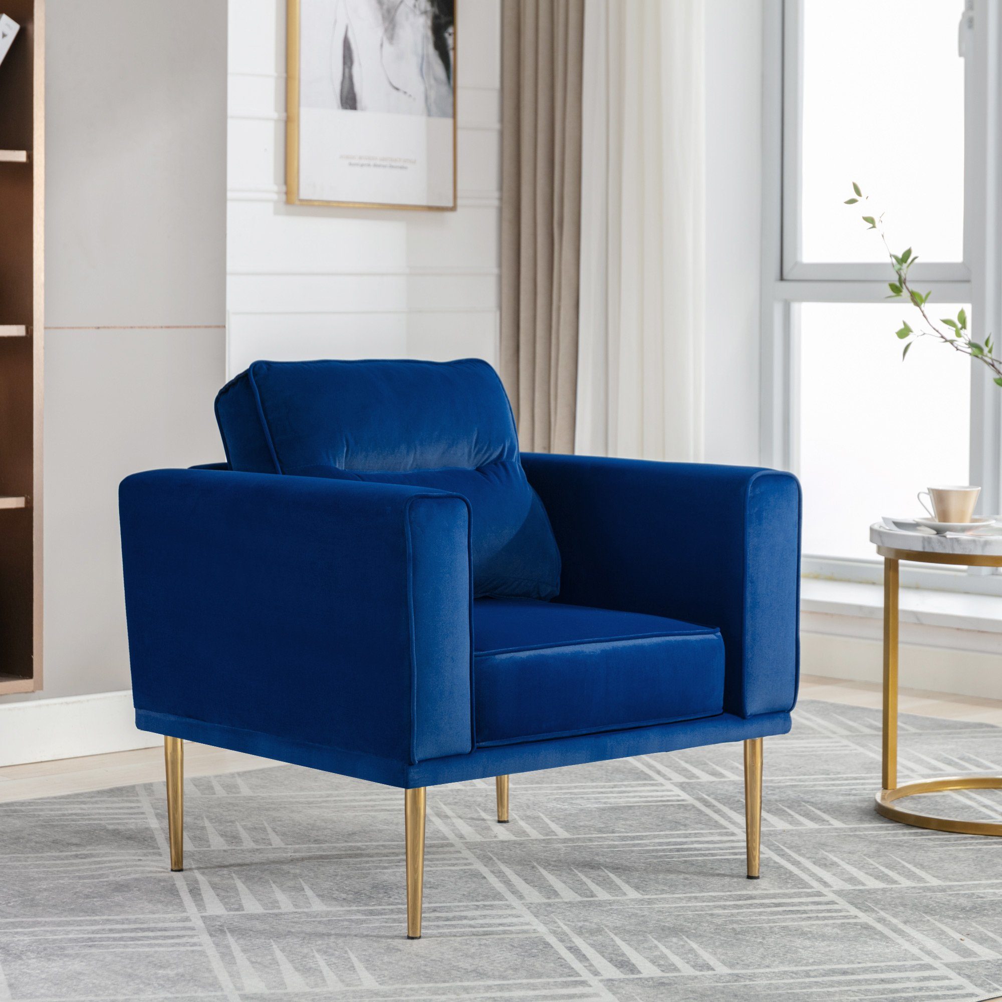 WISHDOR Sessel Relaxsessel, Relaxstuhl, Fernsehsessel, Loungesessel, lässiger Sessel (Sessel mit Polster und Sitzkissen), moderner einfacher Samtstuhl blau