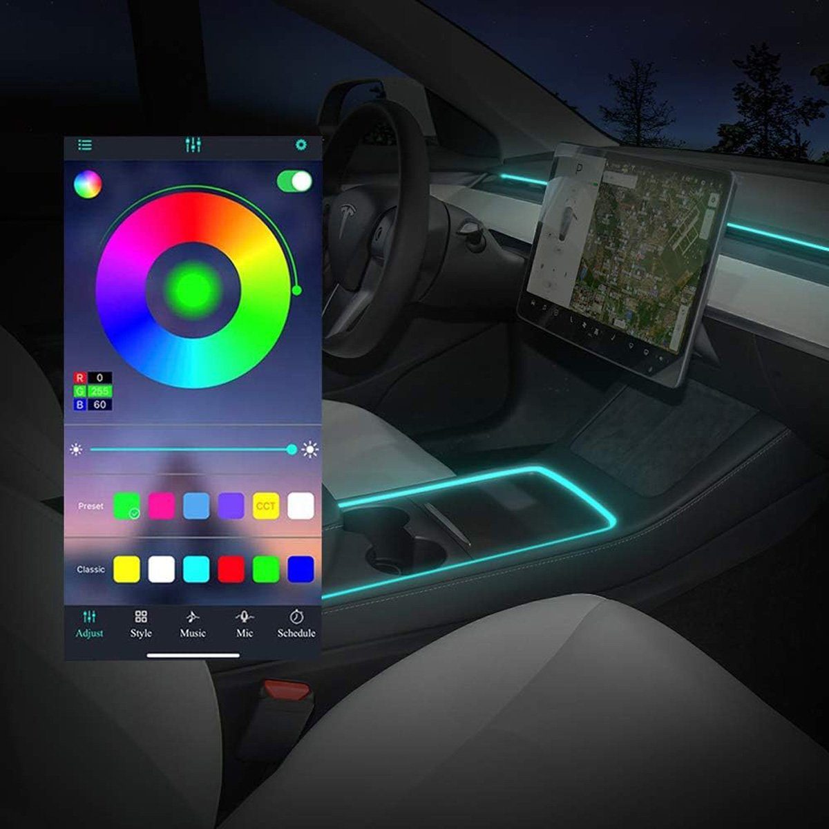 Auto-Innenlicht, mehrfarbige Musik-LED-Streifen mit App, Auto-Interieur LED-Lampe,  Auto Neonlicht mit USB-Anschluss, drahtlose Fernbedienung, Musi