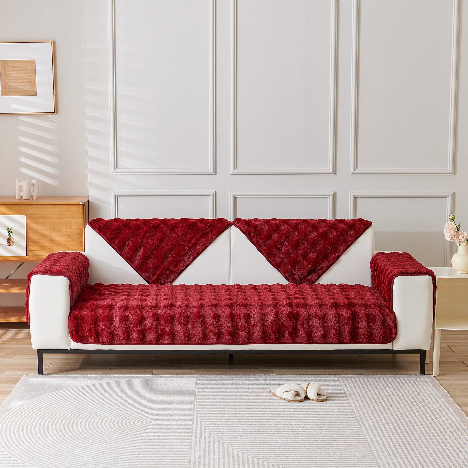 Superweiche Rot Sofabezug Dick Winter Sofa Kunstpelz Warme, Couchbezug, Wohnzimmer für aus Antirutsch, SofaÜberwurf Sunicol, Sitzkissenbezug, Plüsch