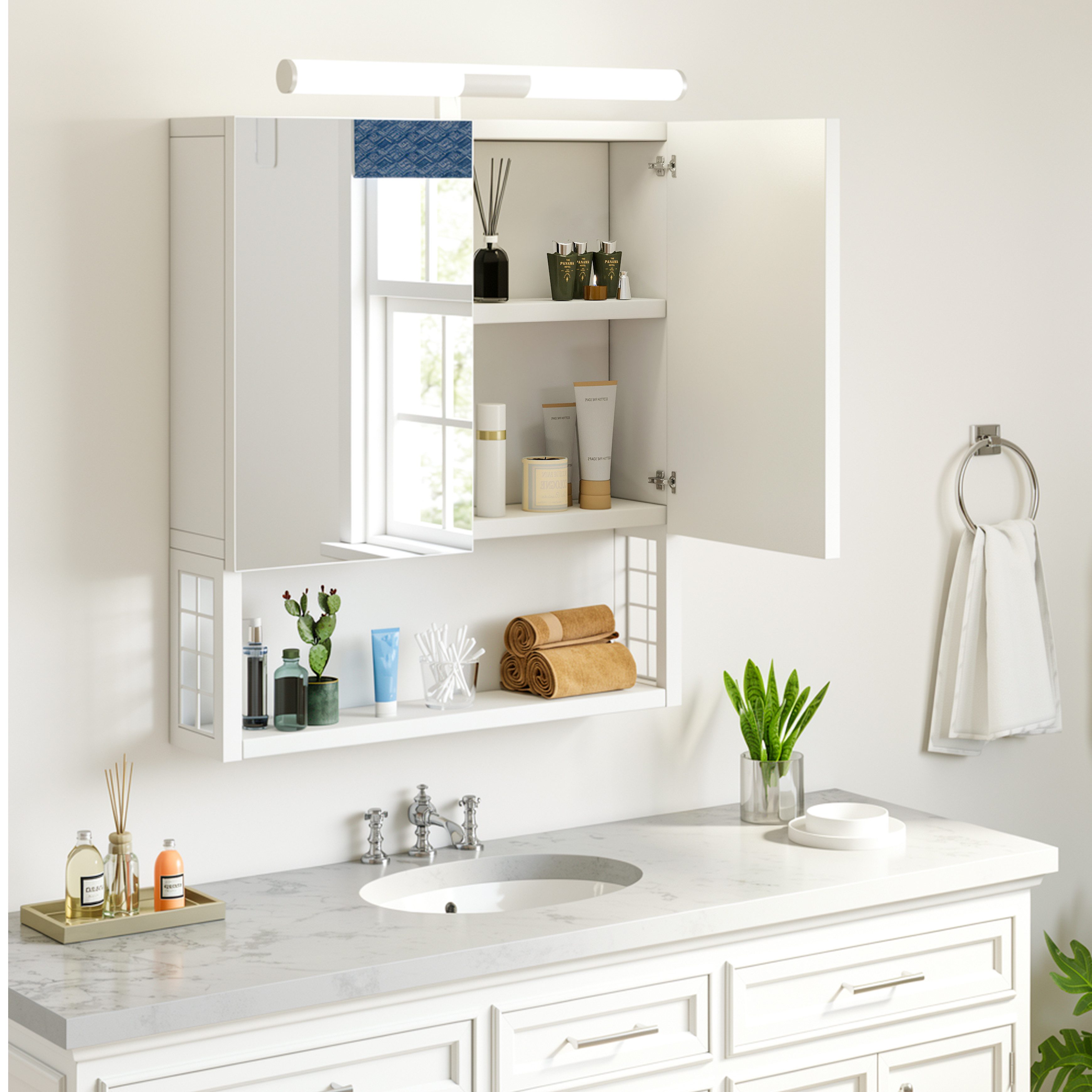oyajia Spiegelschrank Badezimmerschrank, 13 x 56 x 60 cm, Badschrank, Wandschrank (mit LED-Beleuchtung) Badezimmerschrank mit 2 Türen, Holz – Bild 2 von 5