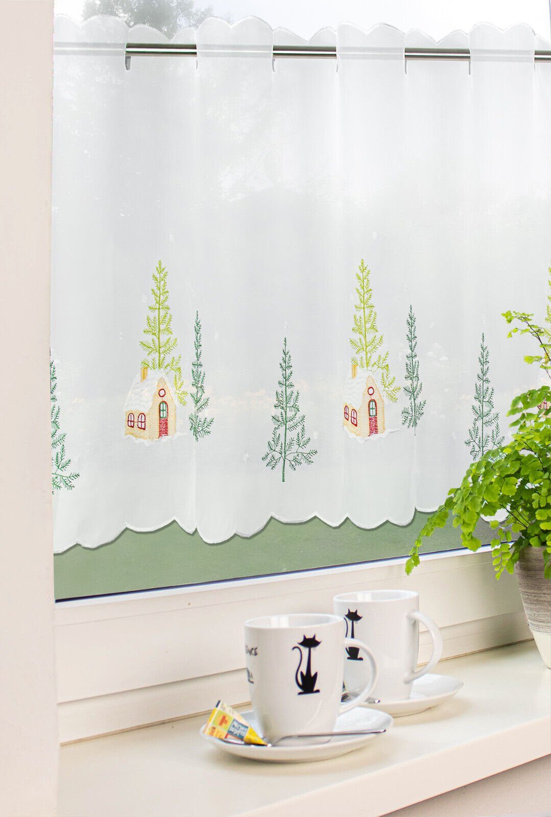 Clever-Kauf-24 Scheibengardine Scheibengardine, bestickt, Winterlandschaft, günstig online kaufen