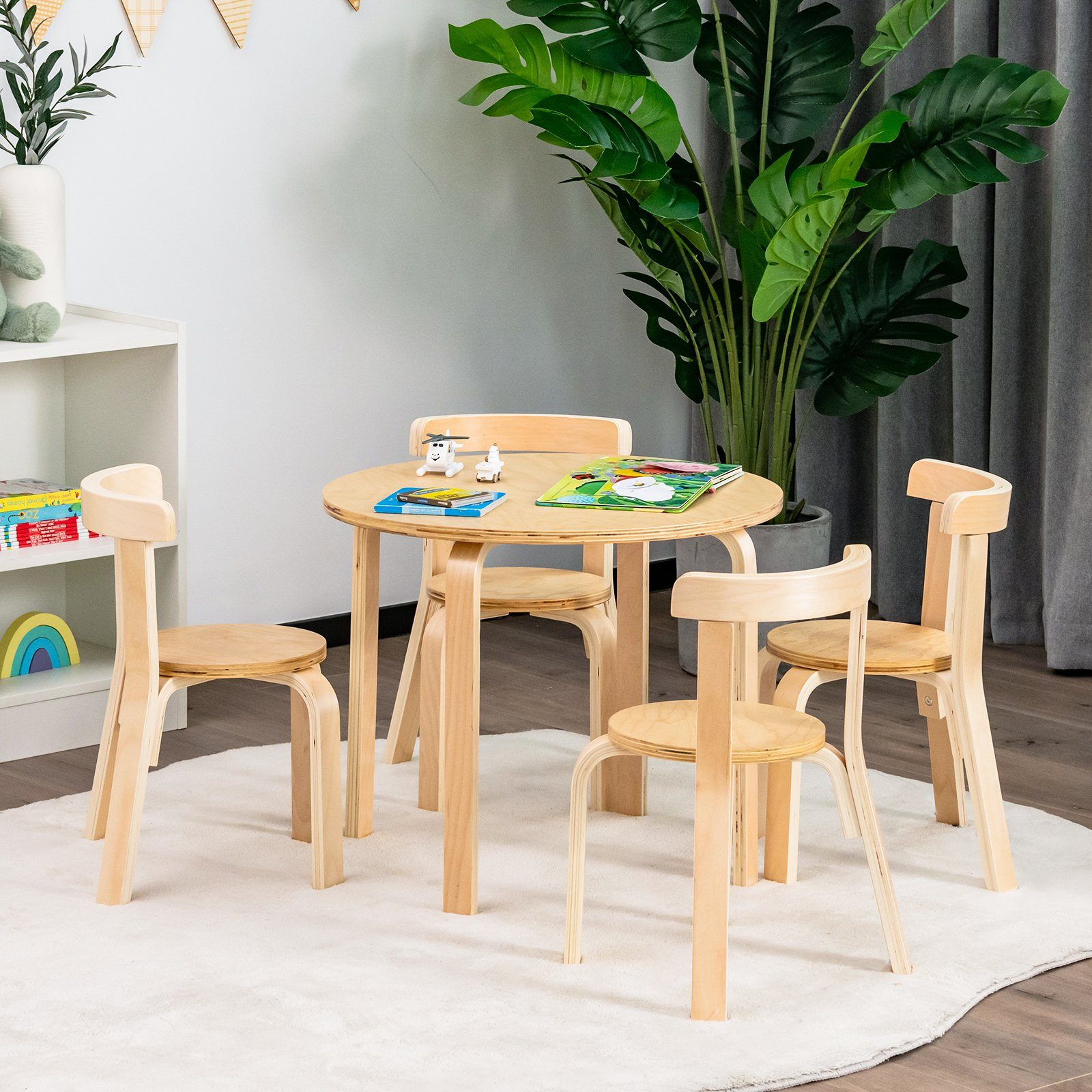 COSTWAY Kindersitzgruppe, (5-tlg), aus Holz, inkl. 1 Tisch & 4 Stühlen