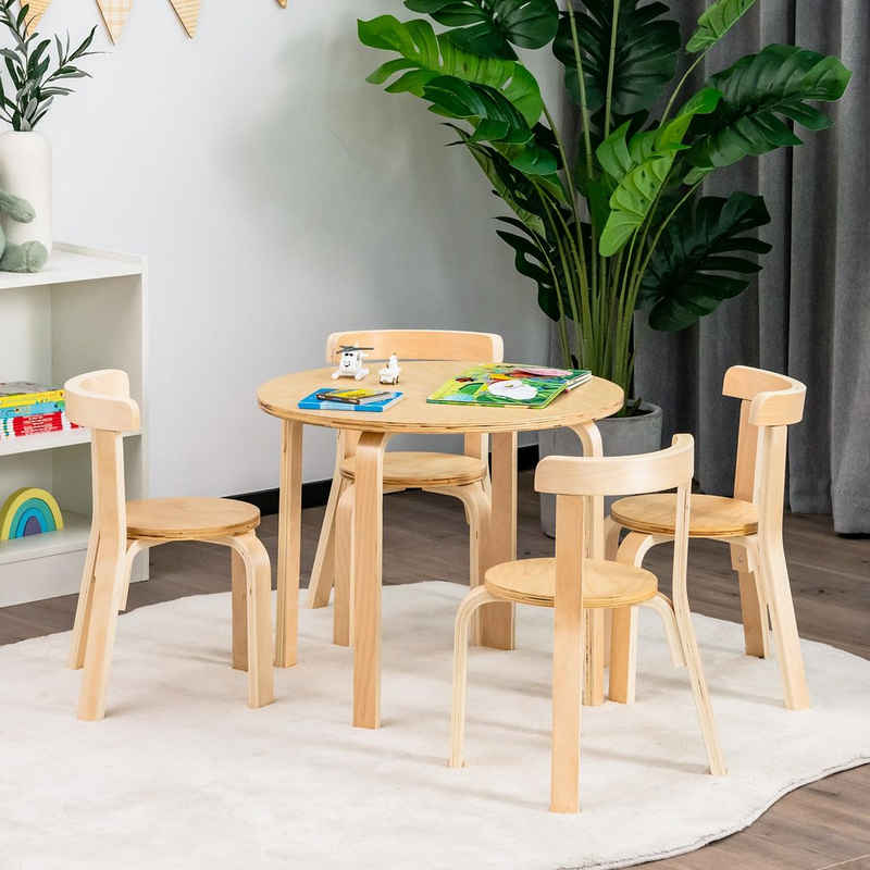 COSTWAY Kindersitzgruppe »Holzsitzgruppe, Kindertisch«, (5-tlg), aus Holz, inkl. 1 Tisch & 4 Stühlen