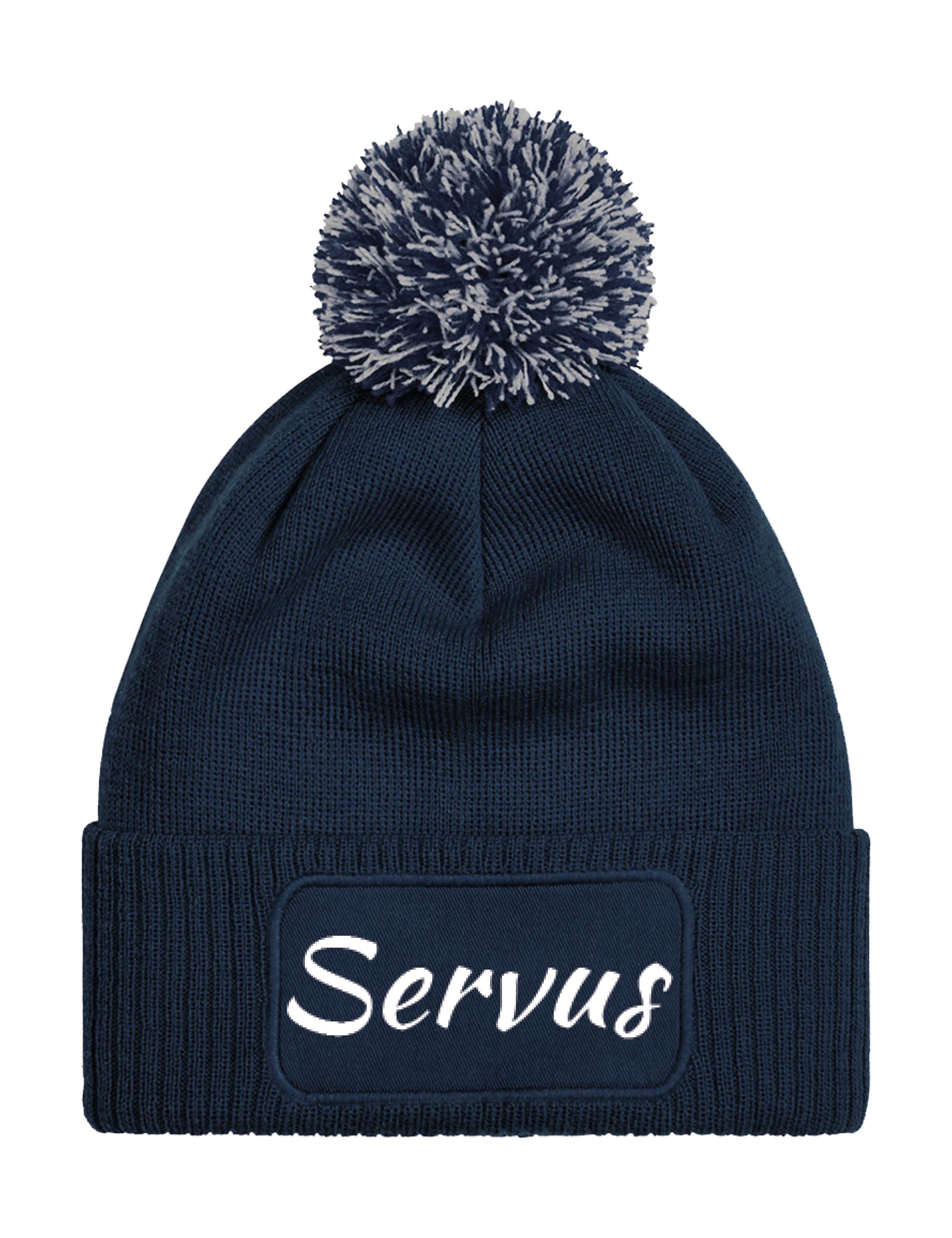 Beanie Unisex Strick Bommel Beanie Mütze mit Servus Aufdruck