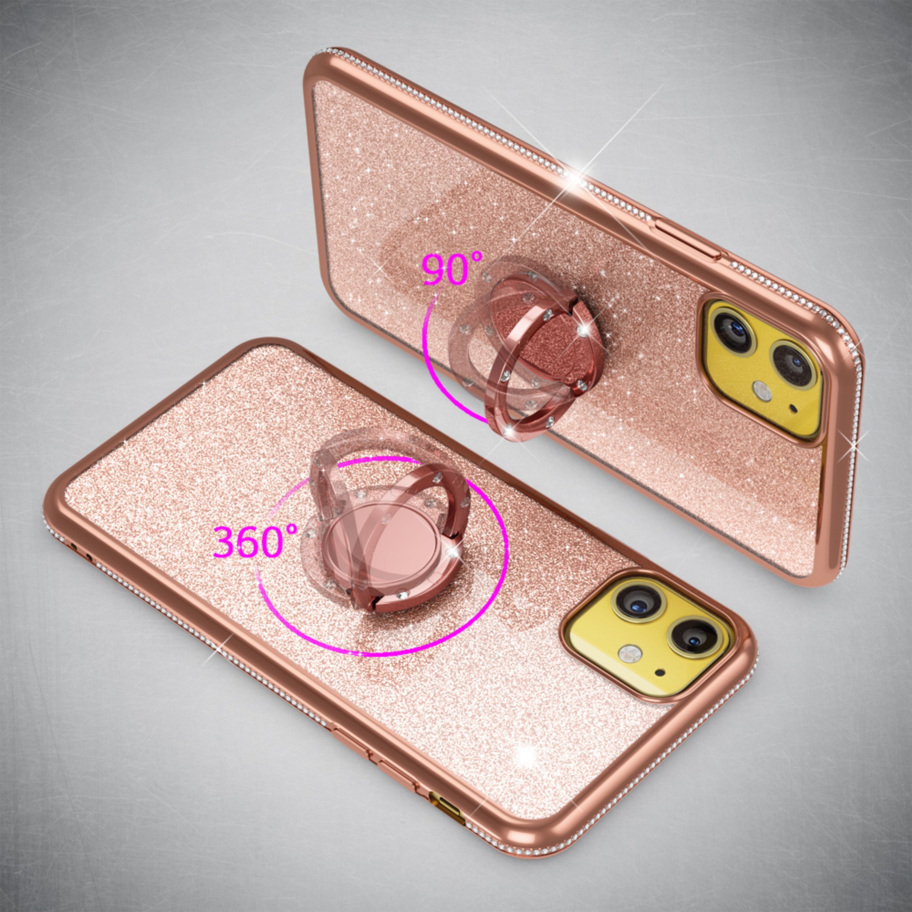 Nalia Smartphone-Hülle Apple iPhone 11 15,5 cm (6,1 Zoll), Glitzer Ring Silikon Hülle / 360 Grad Finger-Halter / Standfunktion