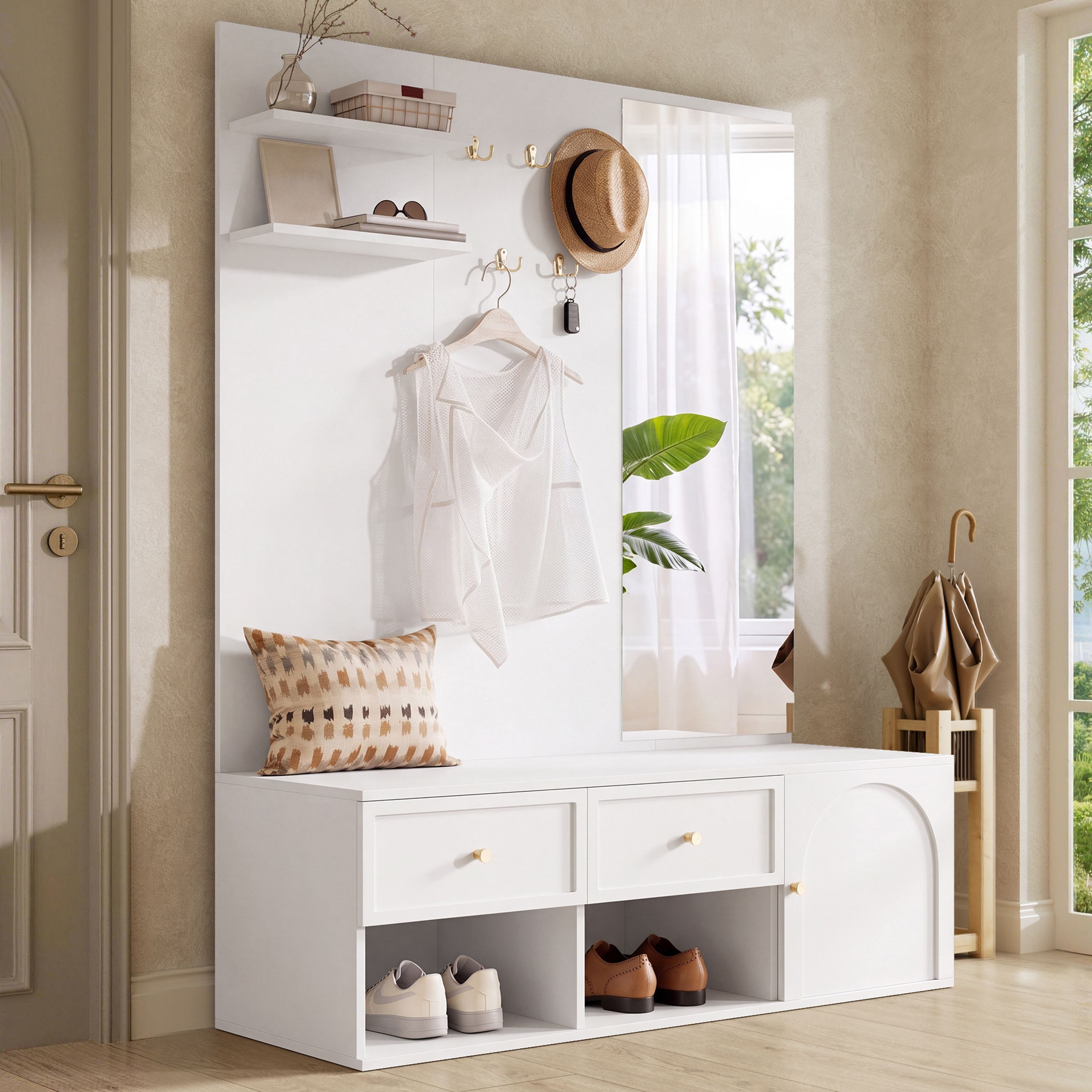 Merax Garderoben-Set Garderobenset, Wandgarderobe, (1-St., mit Spiegel, Sitzbank, 5 Haken, Schubladen und Schuhablage), Garderobenständer, Flurmöbel mit Stauraum
