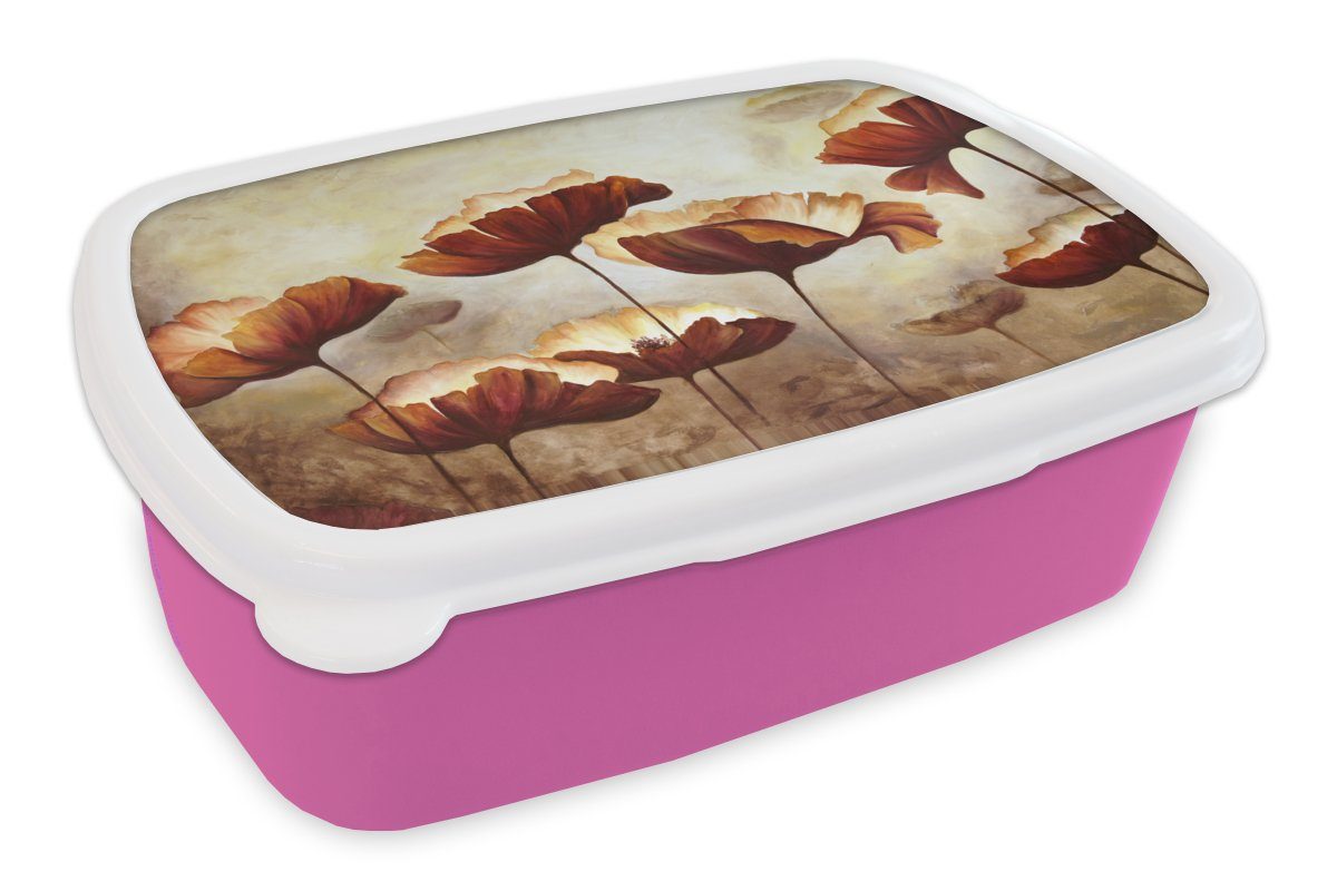 MuchoWow Lunchbox Malerei - Blumen - Ölfarbe - Pflanzen, Kunststoff, (2-tlg), Brotbox für Erwachsene, Brotdose Kinder, Snackbox, Mädchen, Kunststoff rosa