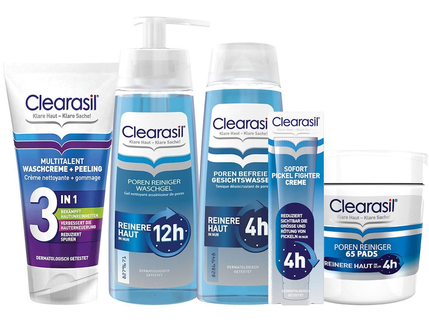 Gesichtreinigungs-Set Clearasil Set: Waschgel, Gesichtswasser, Peeling, Pickelcreme & Pads