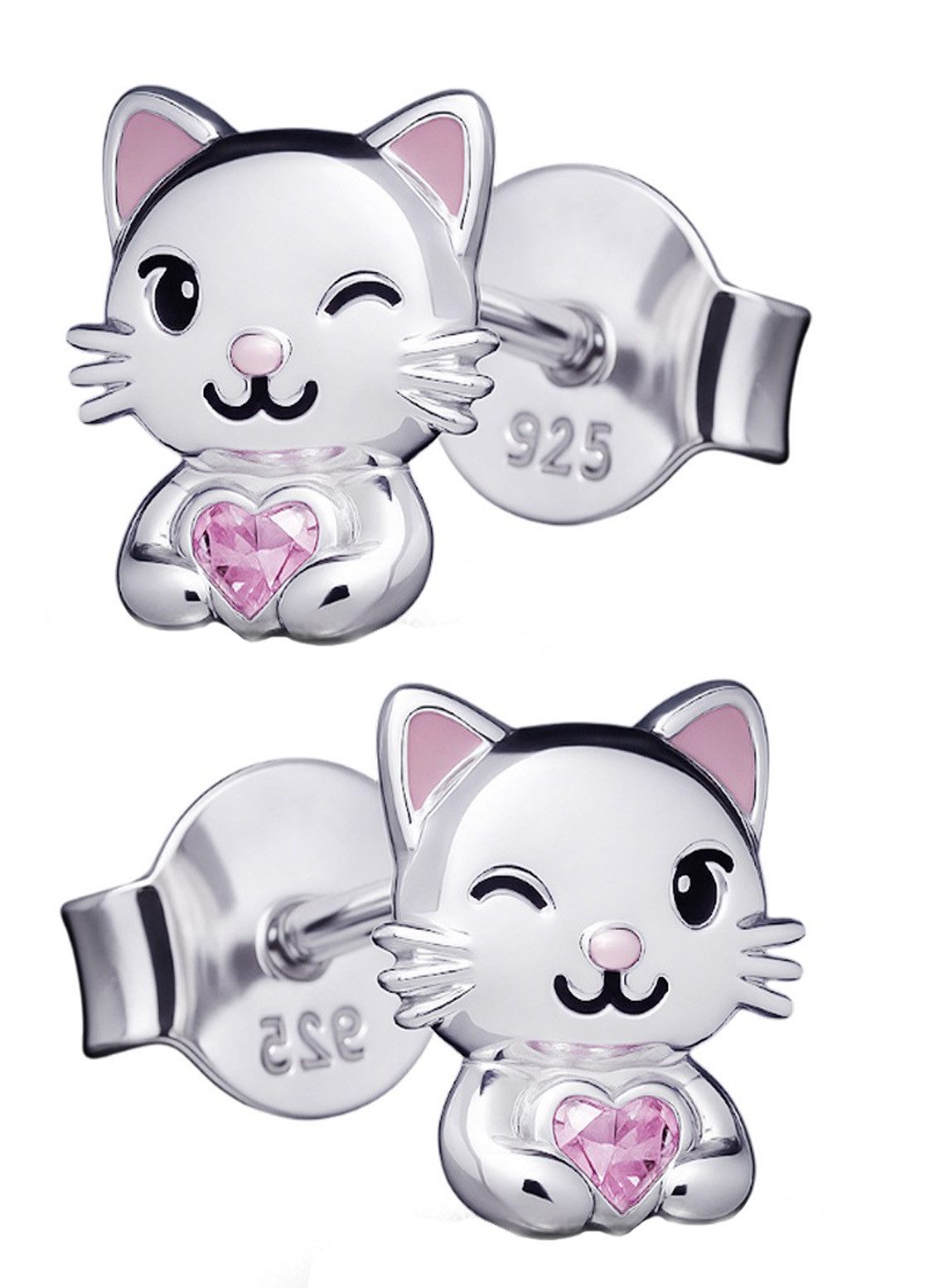 Limana Paar Ohrstecker Ohrringe echt 925 Sterling Silber Katze Herz für Mädchen Damen Kinder (inkl. Schmuckbox), Geschenk Weihnachtsgeschenk Silberschmuck Kinderschmuck Mädchenschmuck
