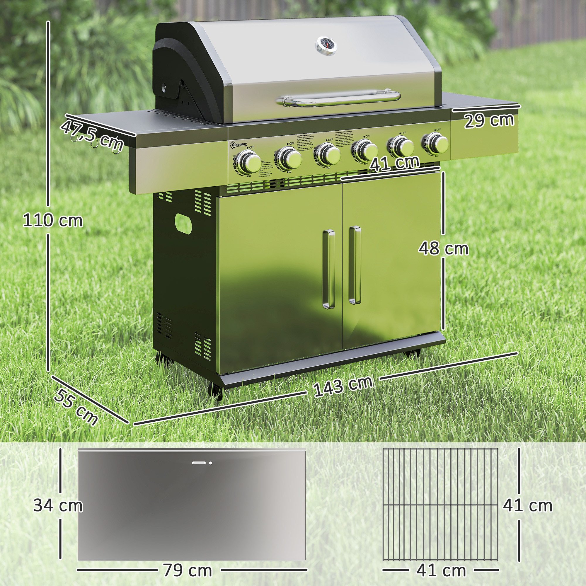 Outsunny Gasgrill inkl 6 Edelstahl-Brenner, Rolle, Thermometer, Seitenablage, Gartengrill aus Edelstahl, 8500BTU Grillwagen, für Balkon, Camping-Grill 143 x 55 x 110 cm