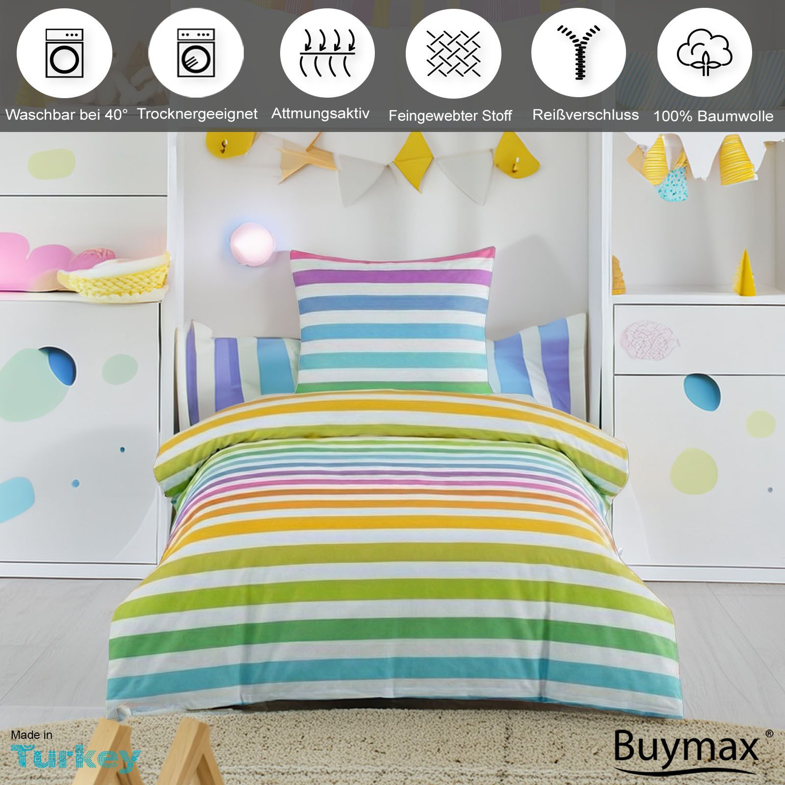 Buymax Kinderbettwäsche Rainbow Kids, Renforcé, 2 teilig, 135x200 cm, 100% Baumwolle, Reißverschluss, Kind, Regenbogen