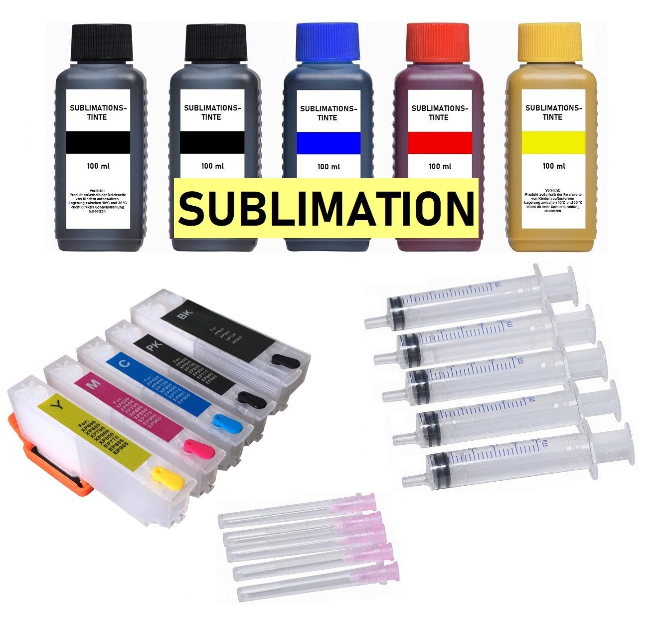 inkpro nachfüllbare Patronen T33 XL mit 5 x 100 ml Sublimationstinte, Tintenpatrone (für Epson Expression Premium XP-530, XP-540, XP-630, XP-635, XP-640, XP-645, XP-830, XP-900, XP-7100, mit Sublimationstinten schwarz, cyan, magenta, gelb)