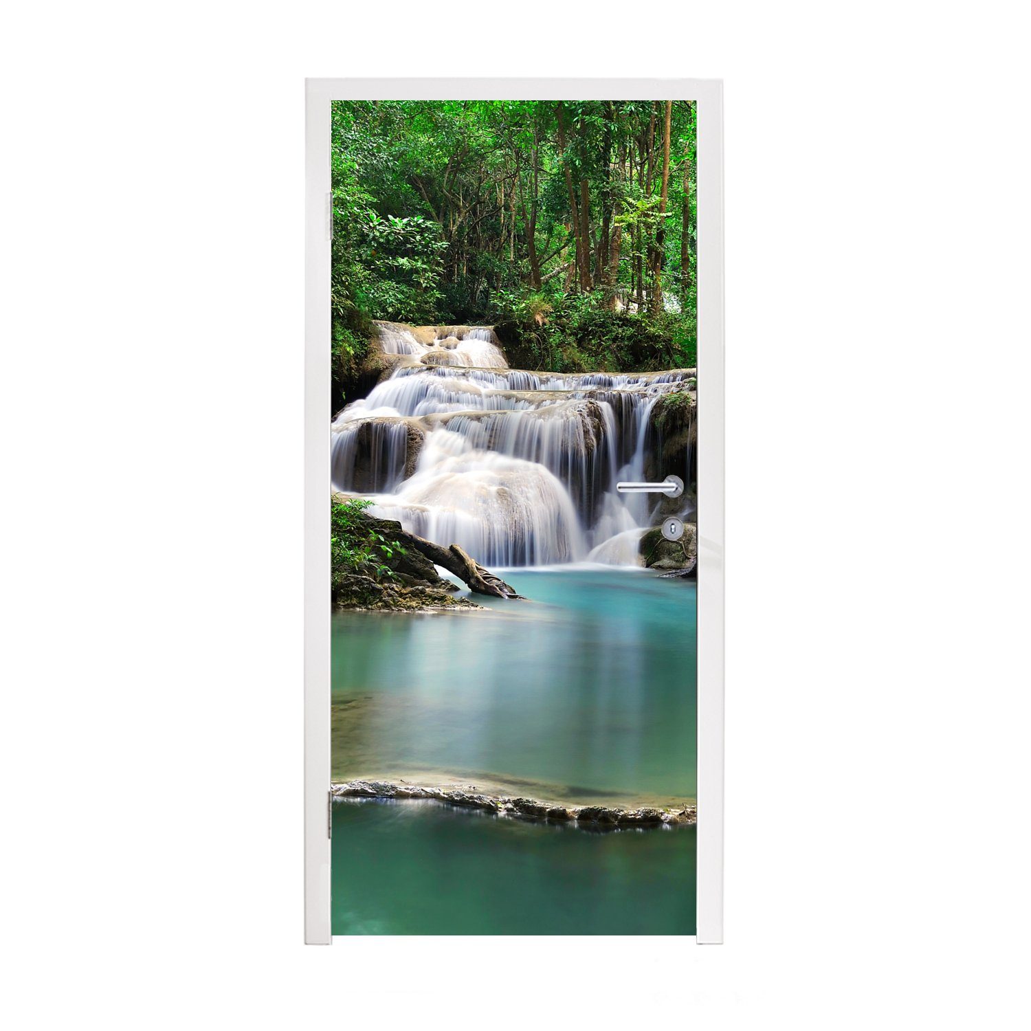 MuchoWow Türtapete Ein Wasserfall mit Bäumen im Erawan-Nationalpark in Thailand, Matt, bedruckt, (1 St), Fototapete für Tür, Türaufkleber, 75x205 cm