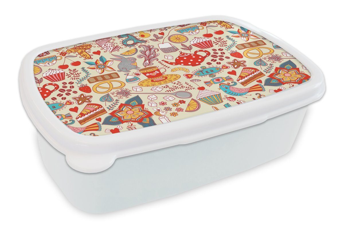 MuchoWow Lunchbox Tee - Tiere - Süßigkeiten - Regenbogen - Muster, Kunststoff, (2-tlg), Brotbox für Kinder und Erwachsene, Brotdose, für Jungs und Mädchen weiß