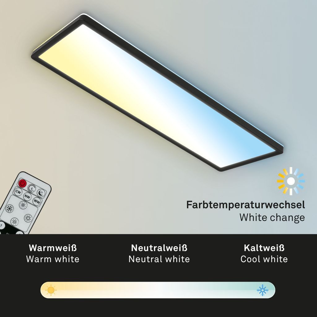 Briloner Leuchten LED Deckenleuchte 7403-015, Dimmfunktion, LED fest integriert, 2700K - Extra-Warmweiß, 3000K - Warmweiß, 4000K - Neutralweiß, Kaltweiß, 5500-6500K - Tageslichtweiß, 6500K - Kaltweiß, CCT Farbtemperatursteuerung - Warmweiß / Neutralweiß / Kaltweiß, Deckenlampe, 58x20x3cm, Schwarz, 23W, Wohnzimmer, Schlafzimmer, Küche