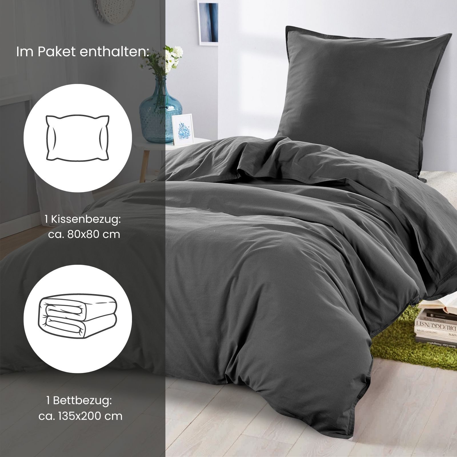 wometo Bettwäsche Stone Washed 135x200 Renforcé, Baumwolle, 2 teilig, OEKO-TEX®, 100% Baumwolle, Bettwäsche im Knitterlook mit Stehsaum – Bild 2 von 5