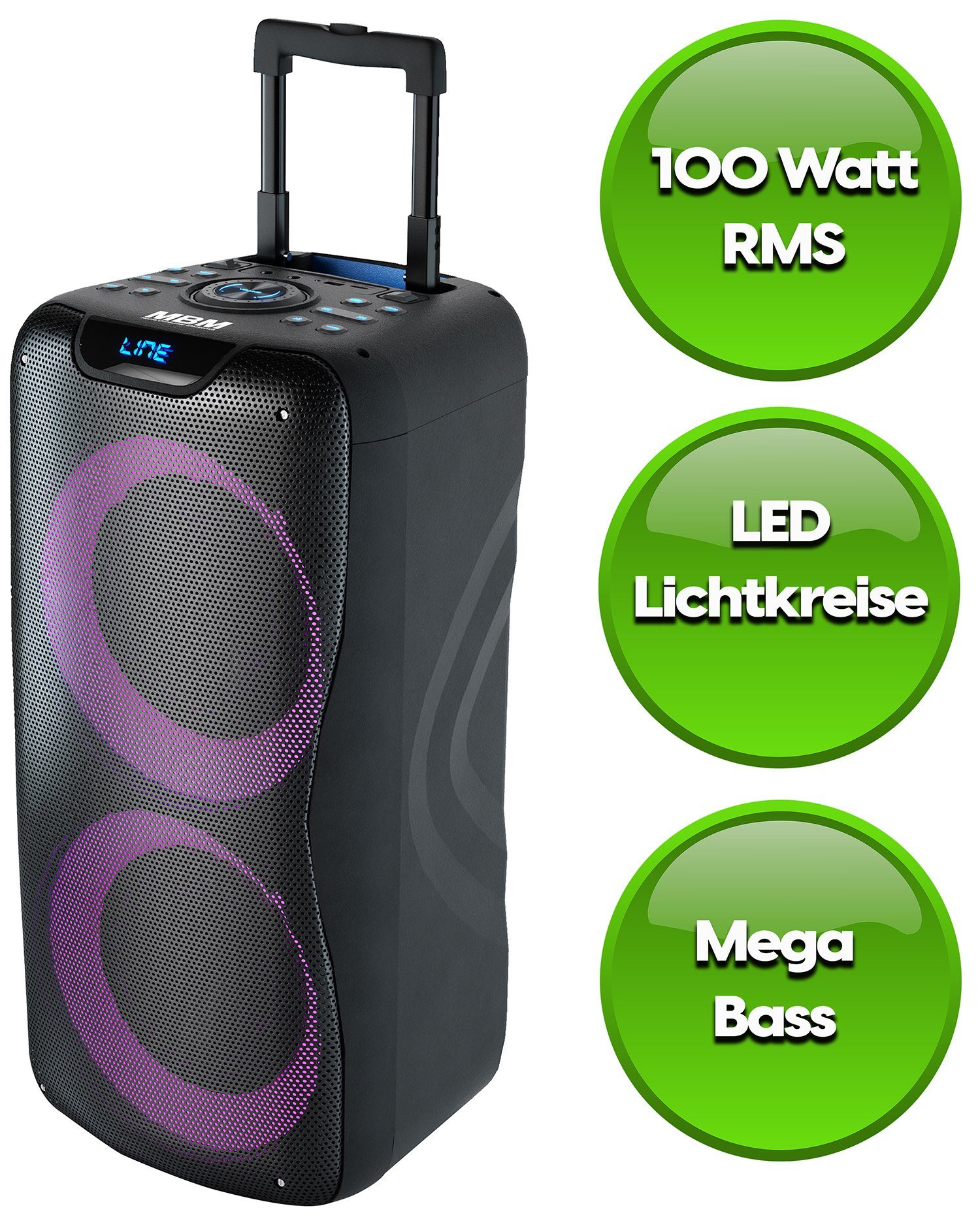 JTC LSPY829 Party-Lautsprecher (100 W, Bluetooth, hochauflösender Klang, 2 LED Lichtkreise, Mega Bass)