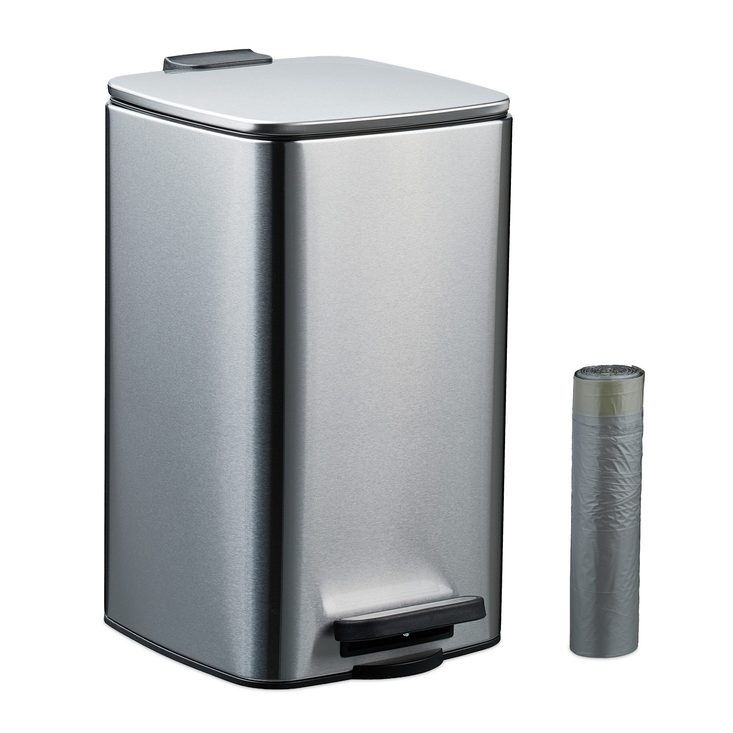 relaxdays Kosmetikeimer Eckiger Kosmetikeimer 8L mit Müllbeuteln, silber