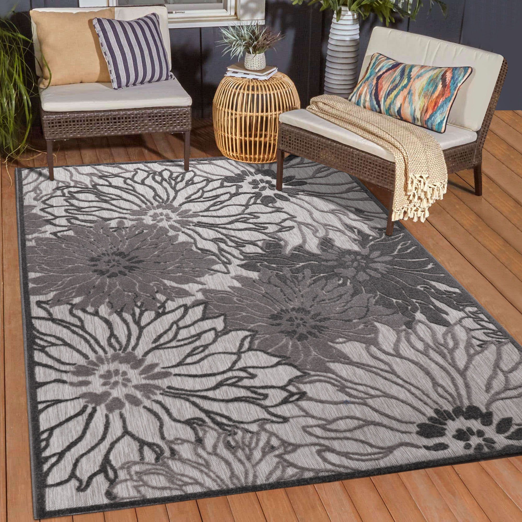 Teppich Floral 2 Outdoor, Sanat, rechteckig, Höhe: 6 mm, In- und Outdoor geeignet, Blumen, Balkon, Terrasse, Außenbereich grau | Kurzflor-Teppiche