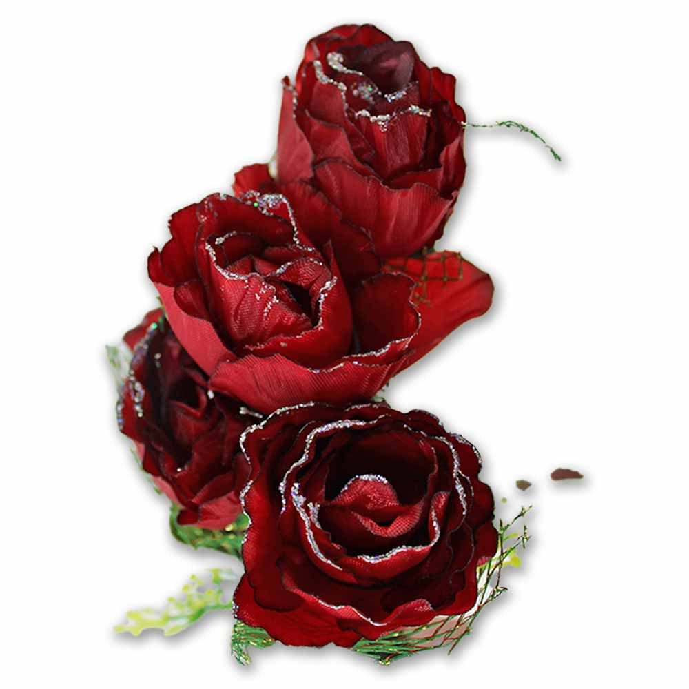 Kunstblume 4 Stück Rose Plastik dunkelrot mit Glitzer und Grünschmuck - ca. günstig online kaufen