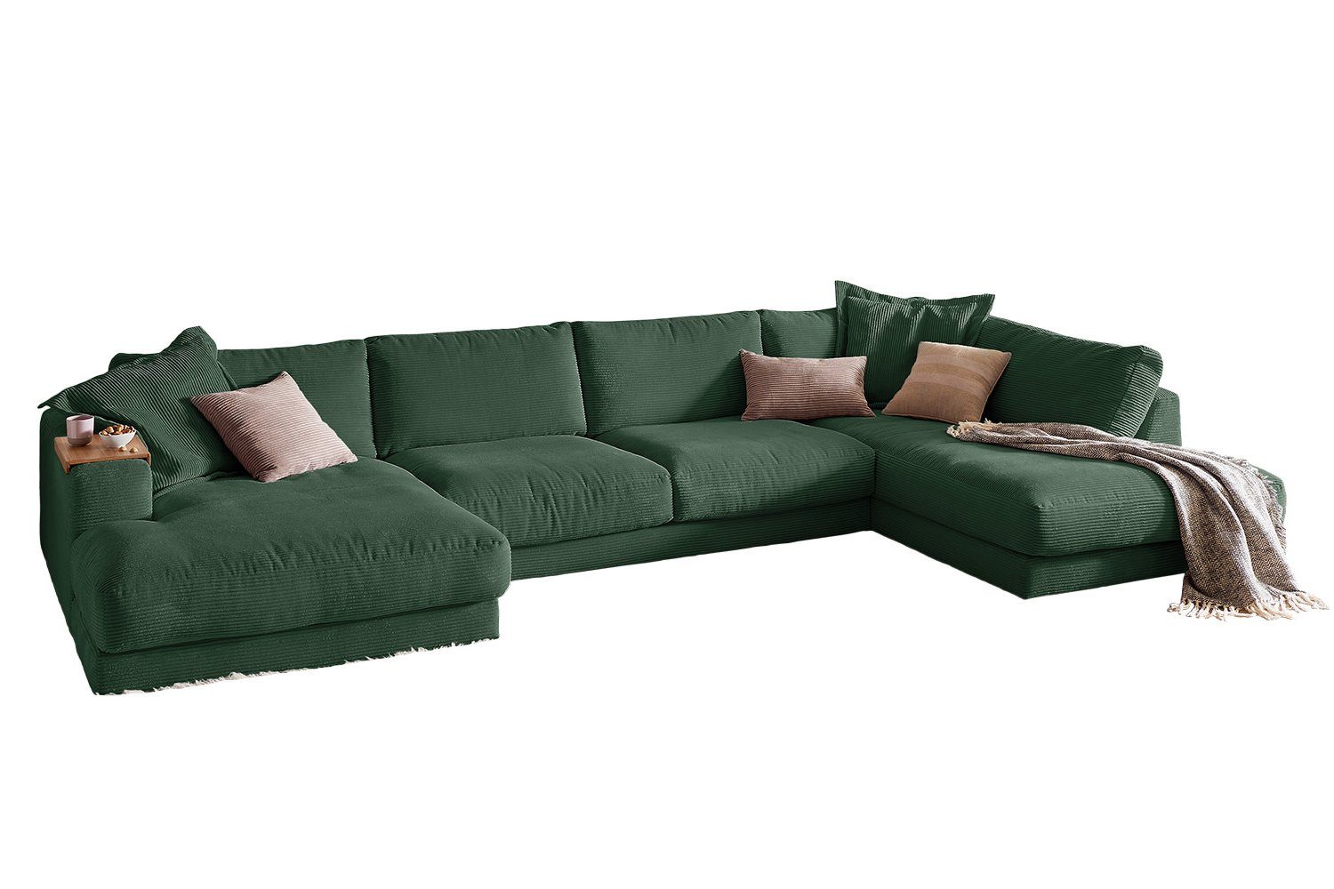 KAWOLA Cord, Farben versch. Longchair links, rechts Sofa MADELINE, Wohnlandschaft U-Form smaragd od.