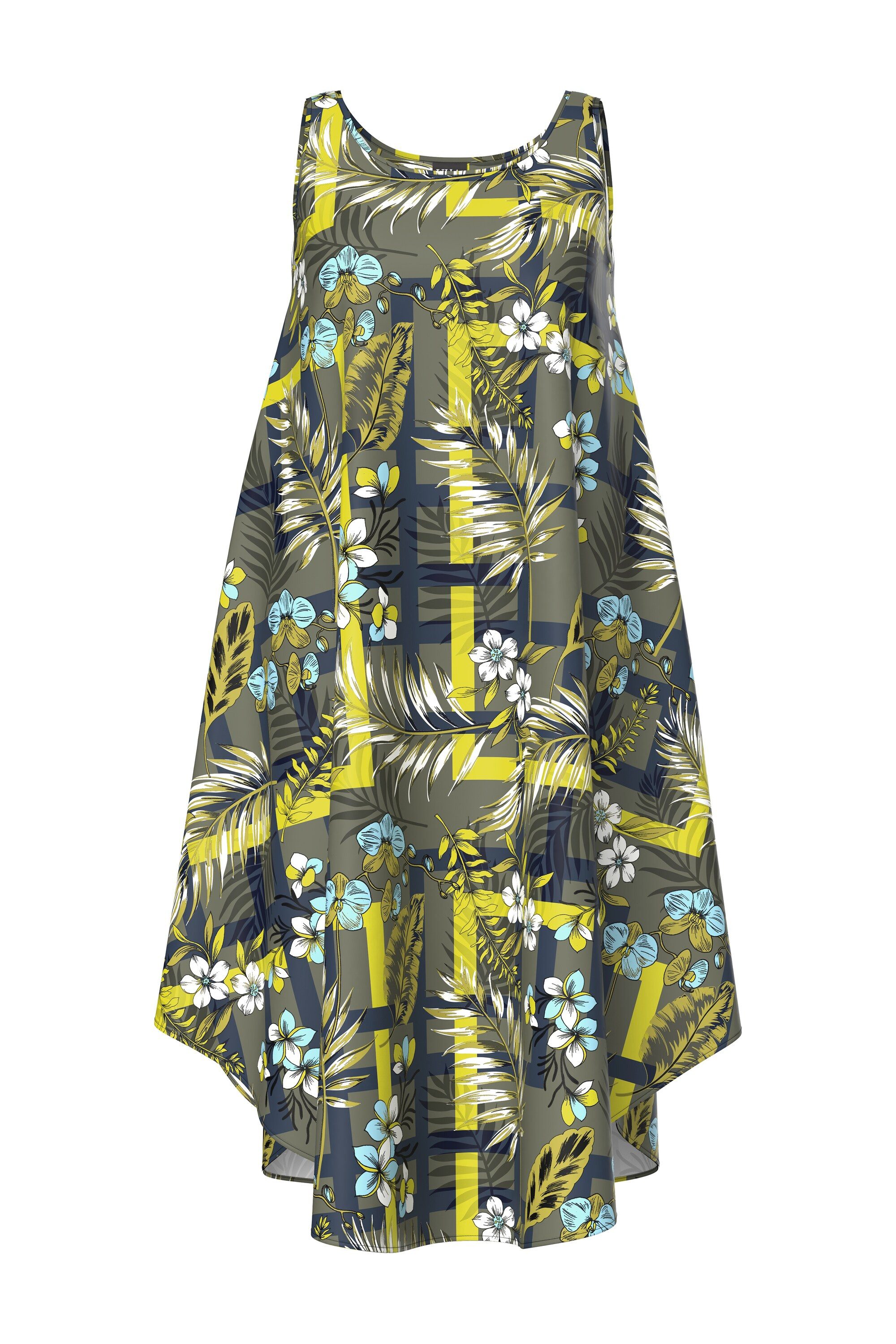 Ulla Popken Maxikleid Midikleid Dschungelmuster A-Linie Rundhals günstig online kaufen