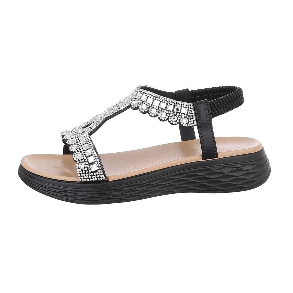 Ital-Design Damen Freizeit Riemchensandalette Keilabsatz/Wedge Keilsandaletten in Schwarz