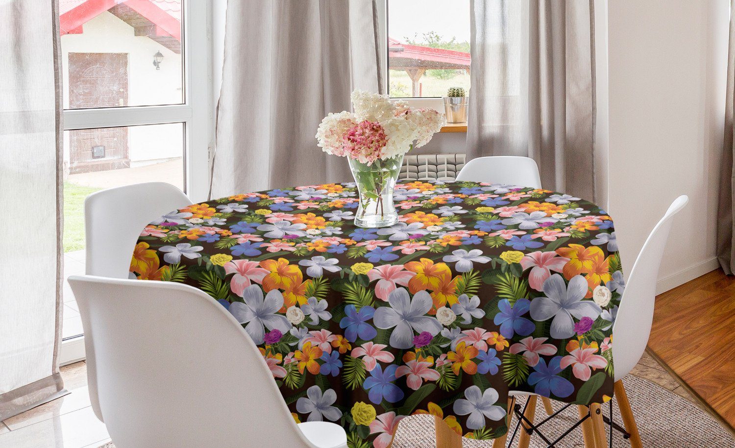 Abakuhaus Tischdecke Kreis Tischdecke Abdeckung für Esszimmer Küche Dekoration, Tropisch Bunte Verschiedene Blumen