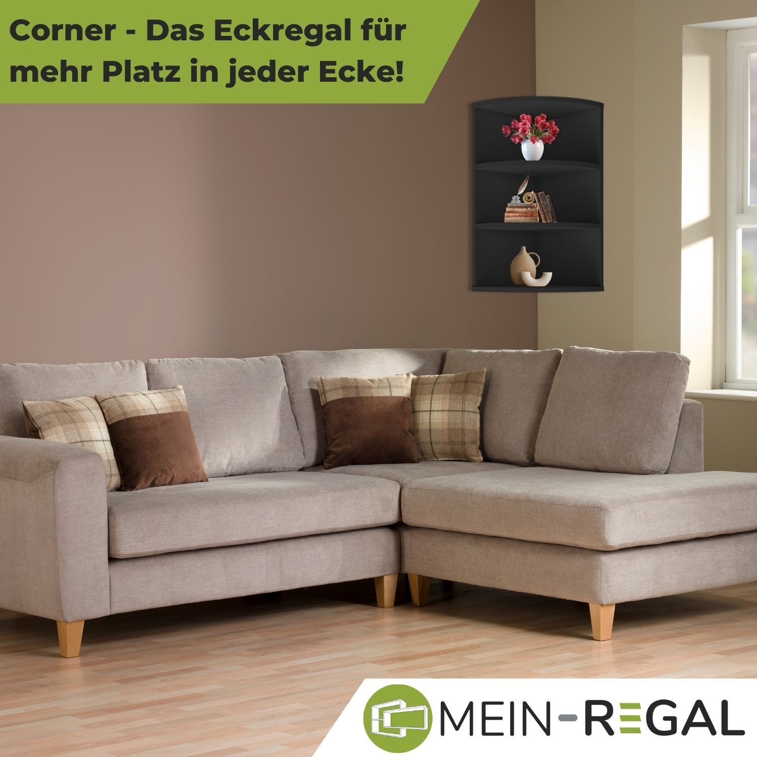 Mein-Regal Standregal CORNER 60, Schwarz Eckregal 30x30x60 cm Holz 3 Fächer Deko Bücherregal Wandregal