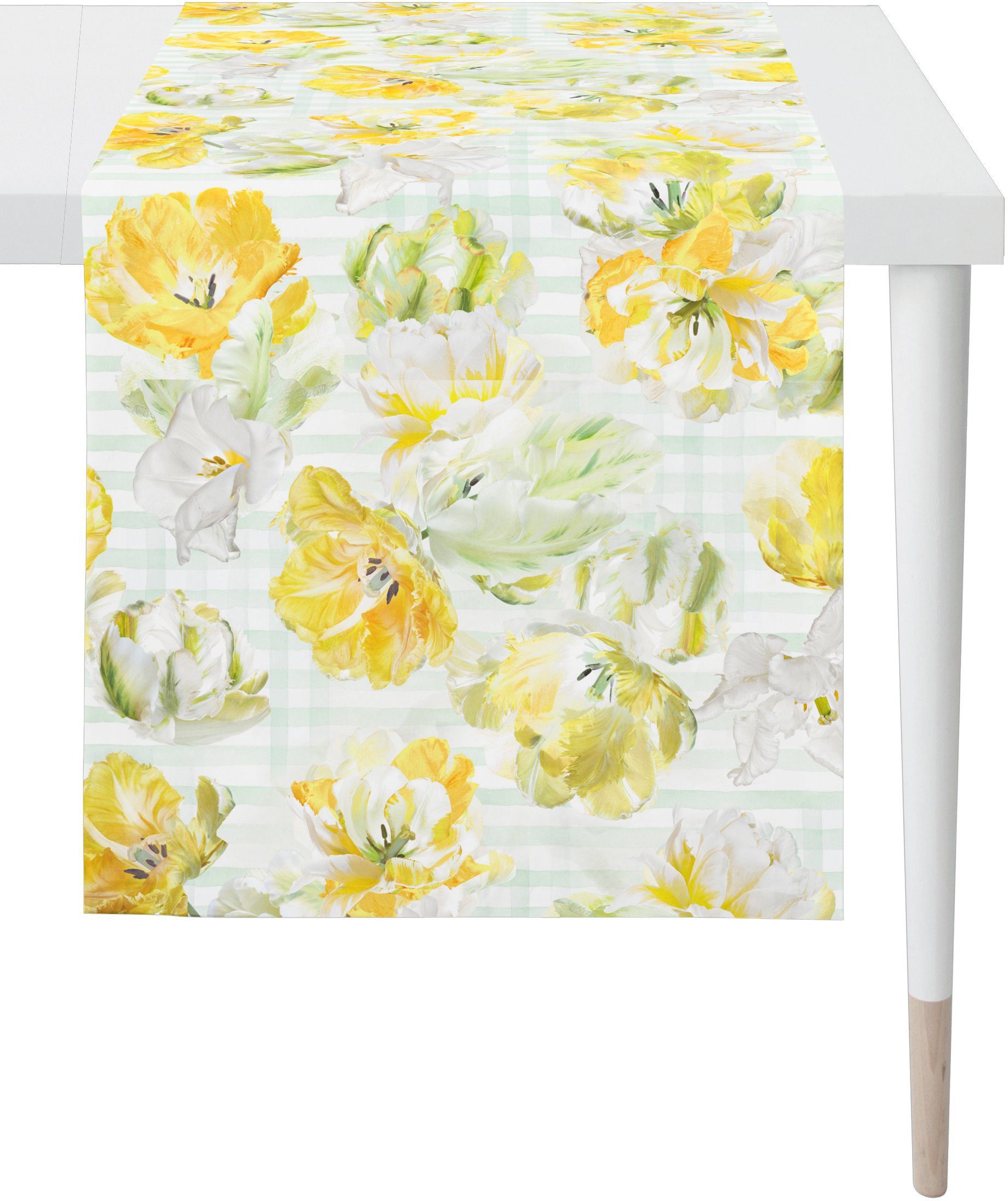 APELT Tischläufer 6405 SPRINGTIME, weiß/gelb/natur (1-tlg), Digitaldruck Frühling Frühjahrsdeko
