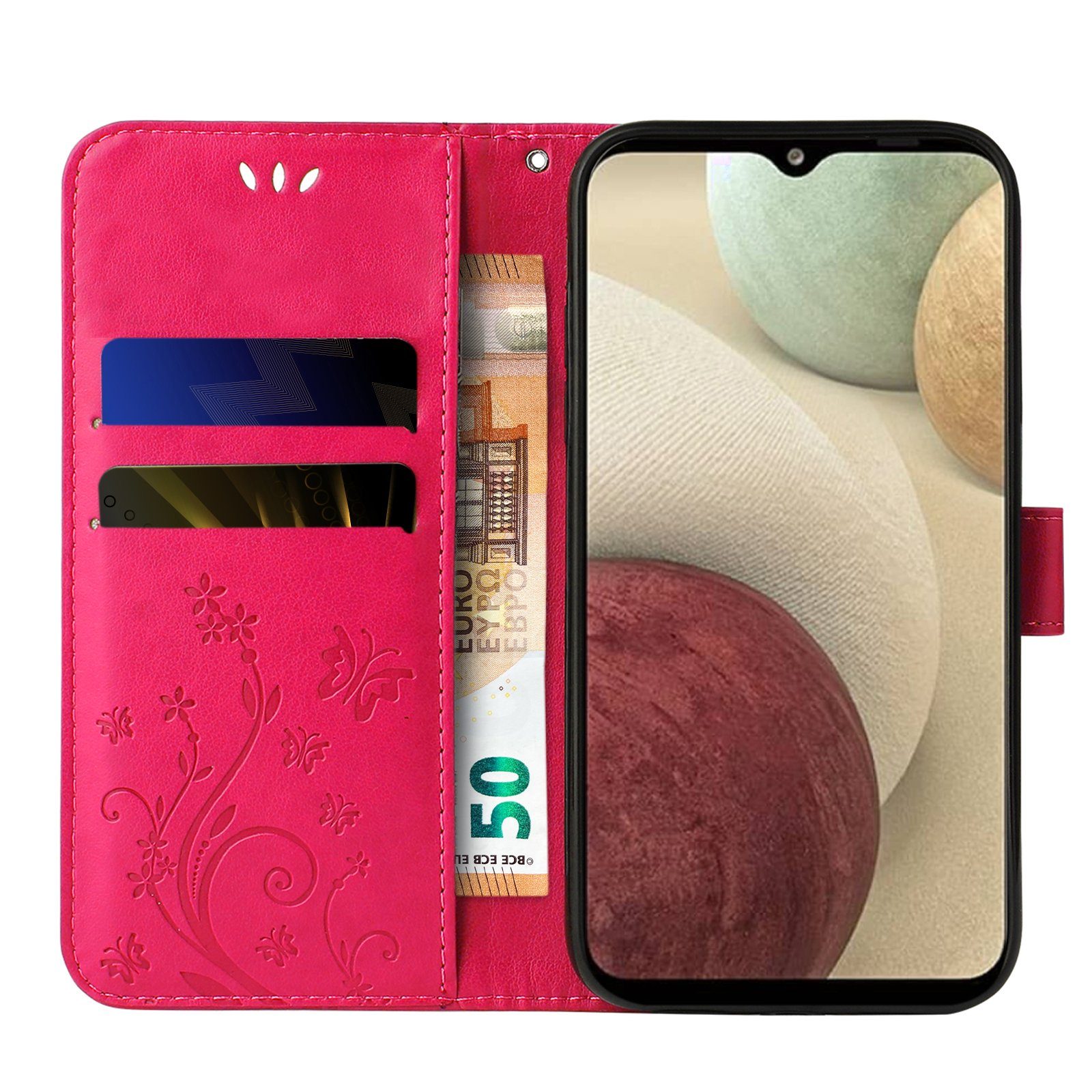 Tec-Expert Handyhülle Cover Tasche Hülle für Samsung Galaxy A12 6,5 Zoll, Klapphülle Case mit Kartenfach Fliphülle aufstellbar, Motiv Blumen