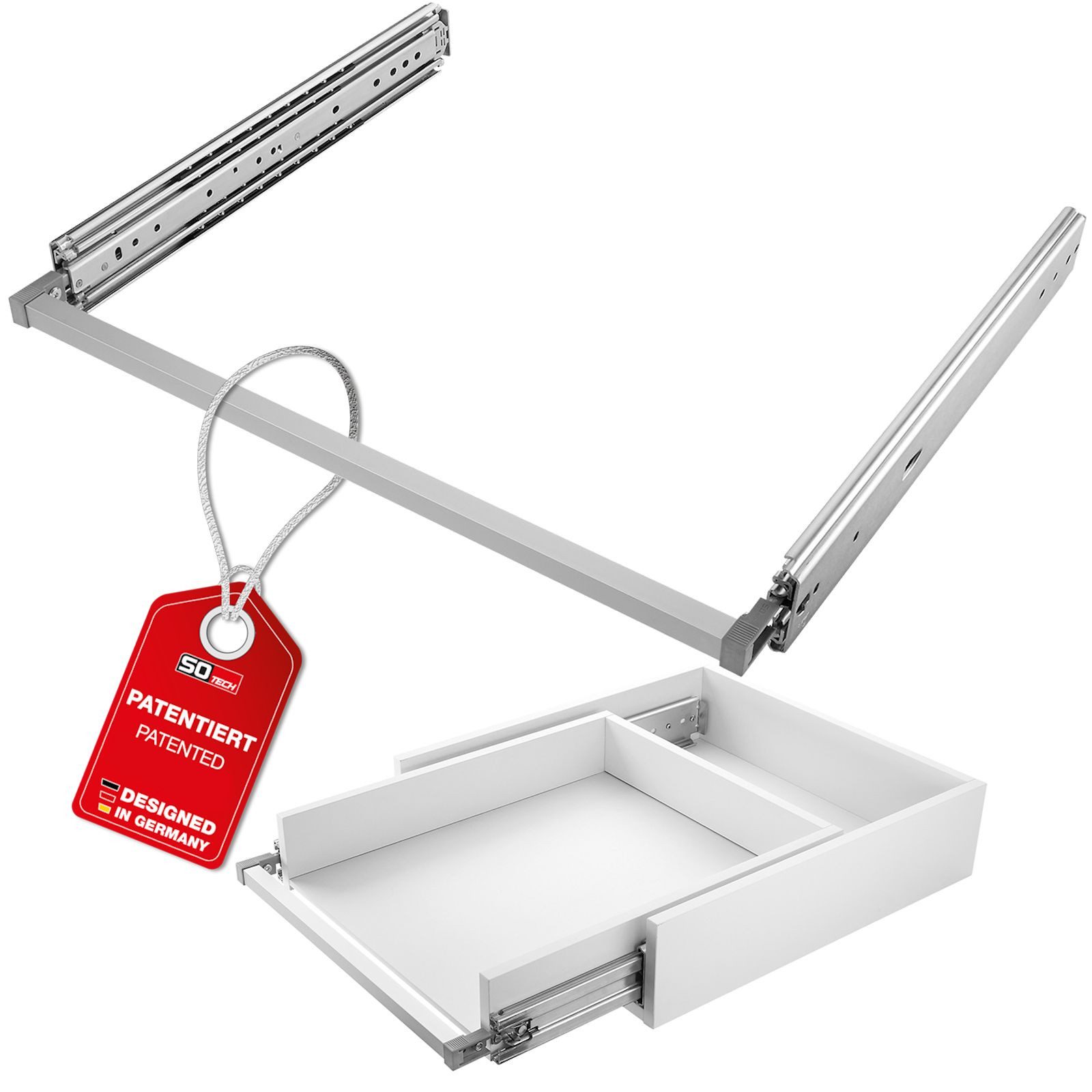 SO-TECH® Auszug VarioSlide bis 200 kg, mit Verriegelung, einhändig bedienbar (Set), Vollauszug 60 cm Breite, 50 cm Tiefe, ohne Front grau