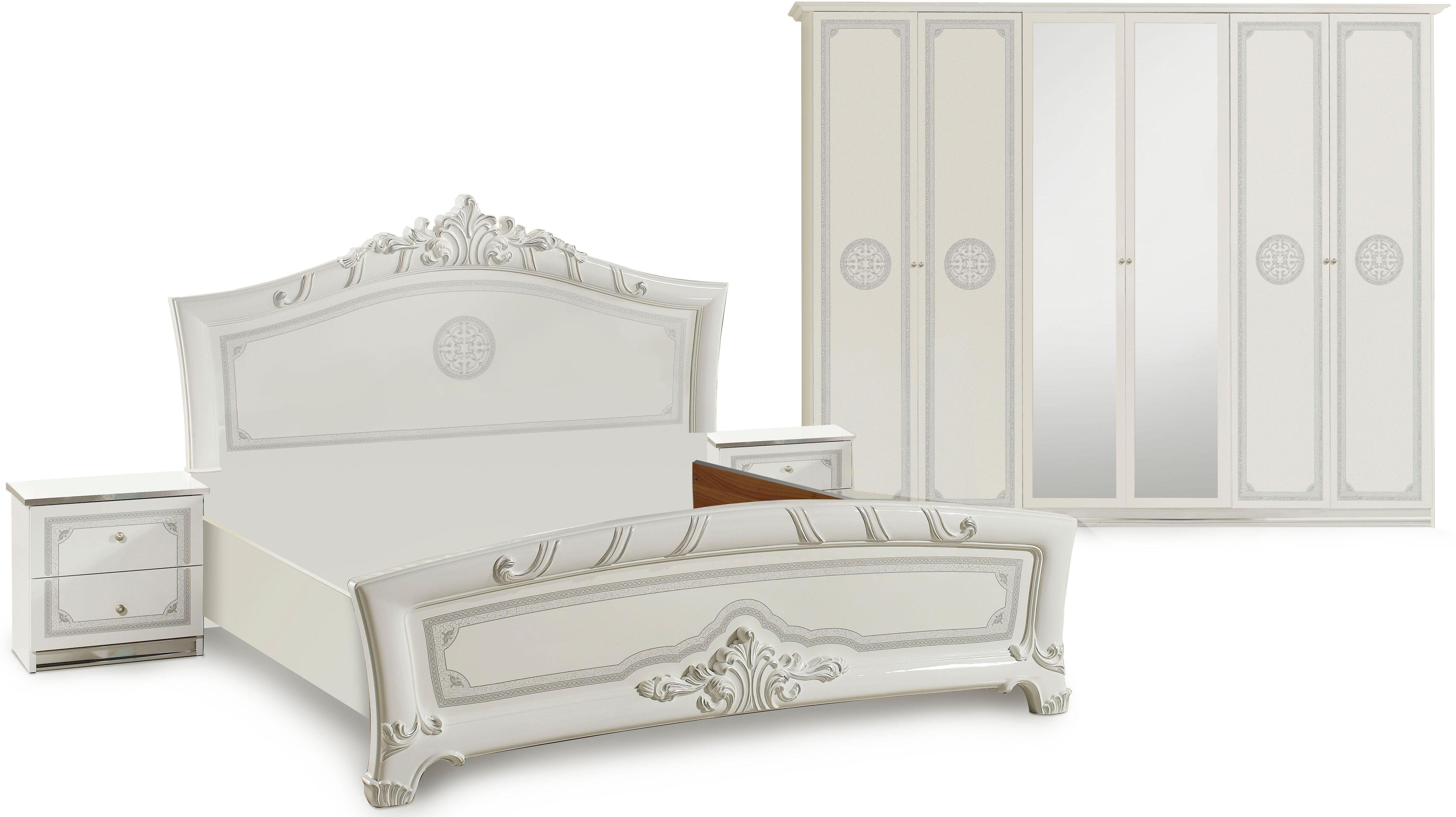 INOSIGN Schlafzimmer-Set Greta, aus FSC-zertifiziertem Holzwerkstoff, Hochglanzoberfläche, (4-tlg., aus 1 Kleiderschrank, 1 Bett (180x200cm) und 2 Nachtkommoden), im italienischen Barock- KLassik-Stil mit opulenten Verzierungen