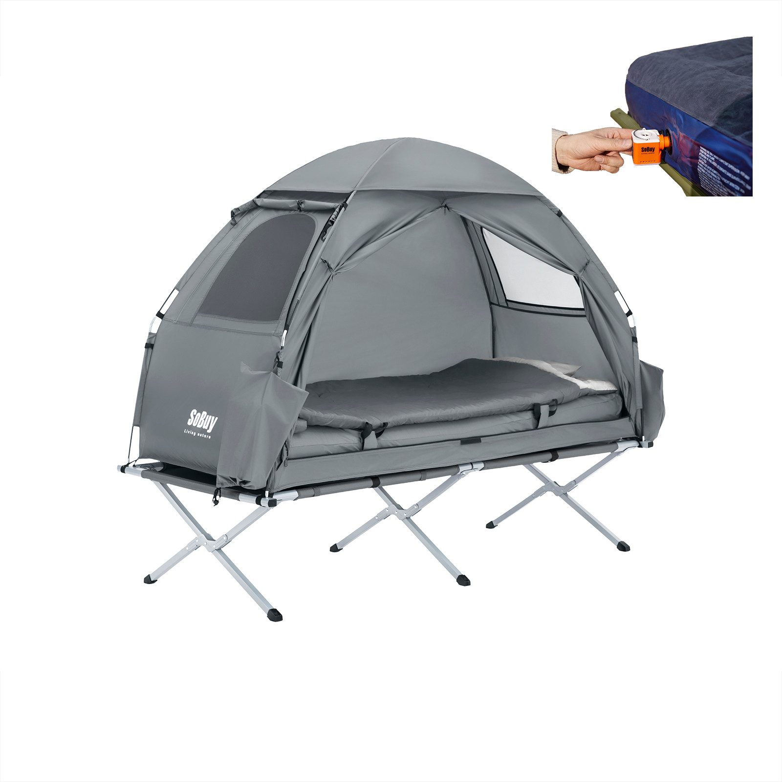 SoBuy Feldbett OGS32, Vorzelt Wasserdichtes Campingbett Campingliege Familienzelt Feldbett mit Zelt 1/2 Personen 7in1 Wurfzelt mit Luftpumpe,Campingzelt
